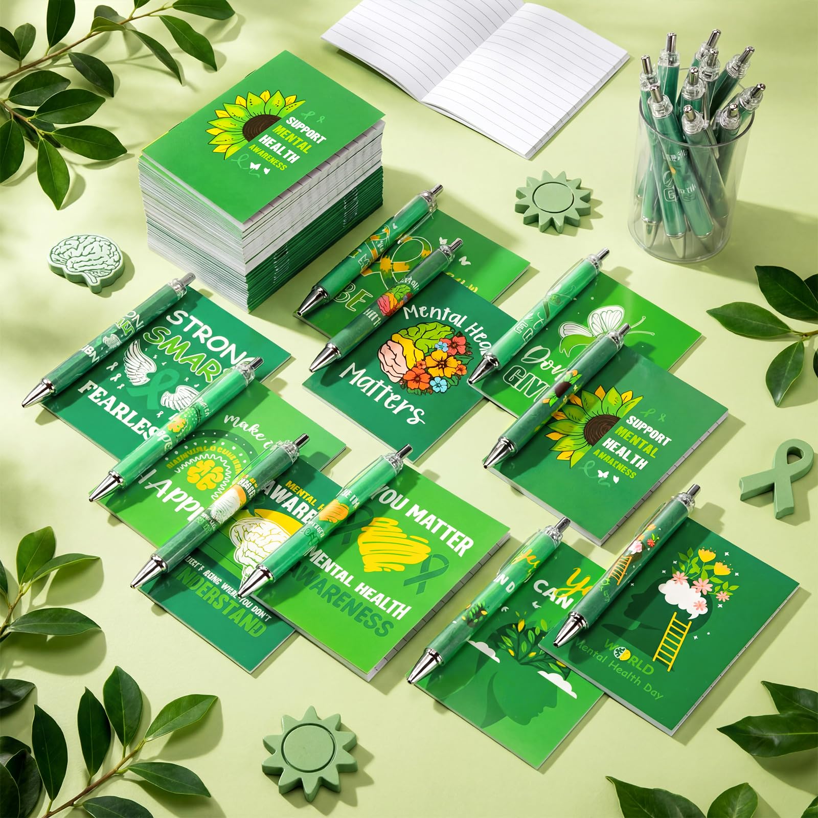 Eaasty Confezione da 200 penne a sfera per la salute mentale, include 100 quaderni verdi per la consapevolezza e 100 penne retrattili verdi, per programma di benessere in ufficio, forniture