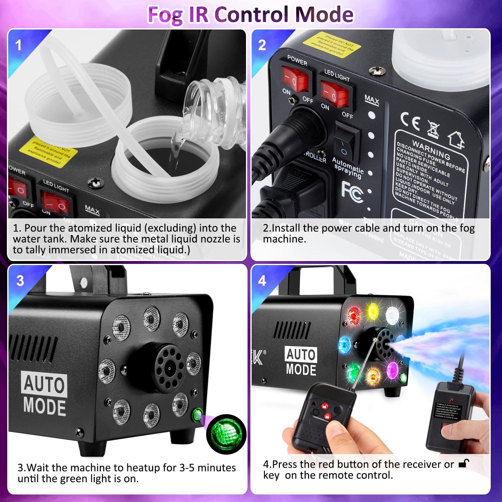 Machine à fumée avec télécommande sans fil & LED lumière couleur activée, facilement transportable et resistante. Idéal pour Halloween, Noël, mariages, spectacles sur scène etc