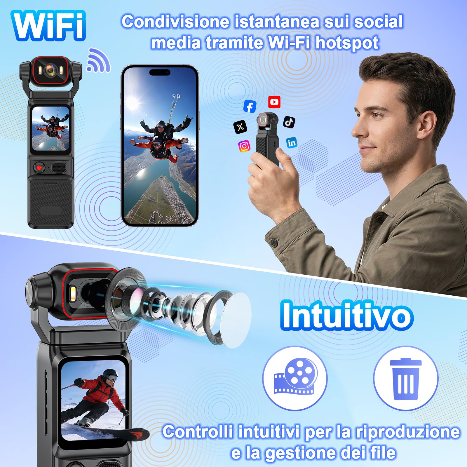 Action Cam 4K WiFi 160° Grandangolo 6 Assi, per Vlog e Viaggi | 5h batteria, 3000mAh, 256GB SD, obiettivo orientabile, LED integrato