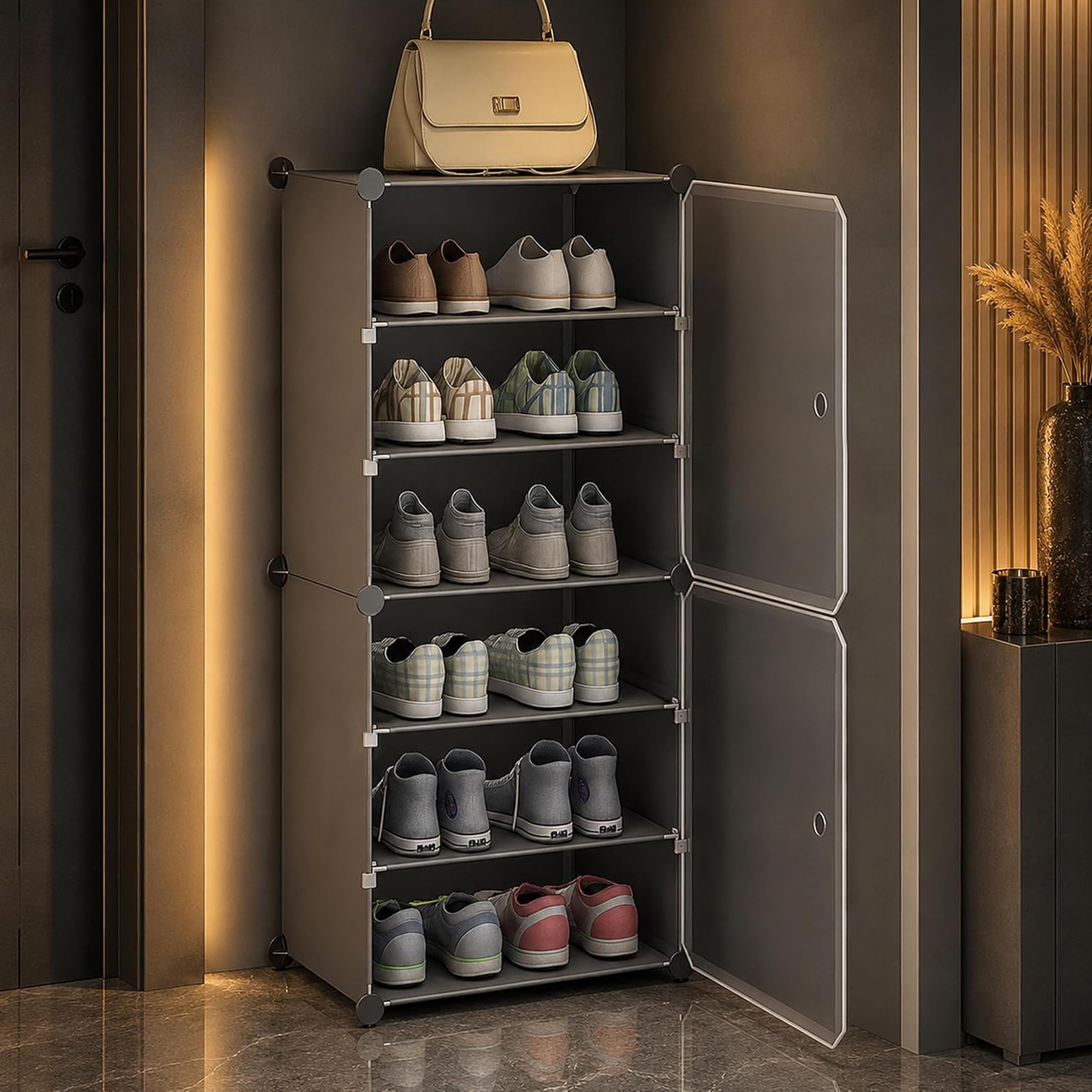 AYSIS Premium Foldable Plastic Shoe Rack for Home, 𝟐 𝐃𝐨𝐨𝐫 𝟔 𝐒𝐡𝐞𝐥𝐟 Shoe Cabinet, Dustproof & Waterproof Organizer, Portable Space Saving Storage for Entryway, Bedroom & Living Room, Grey