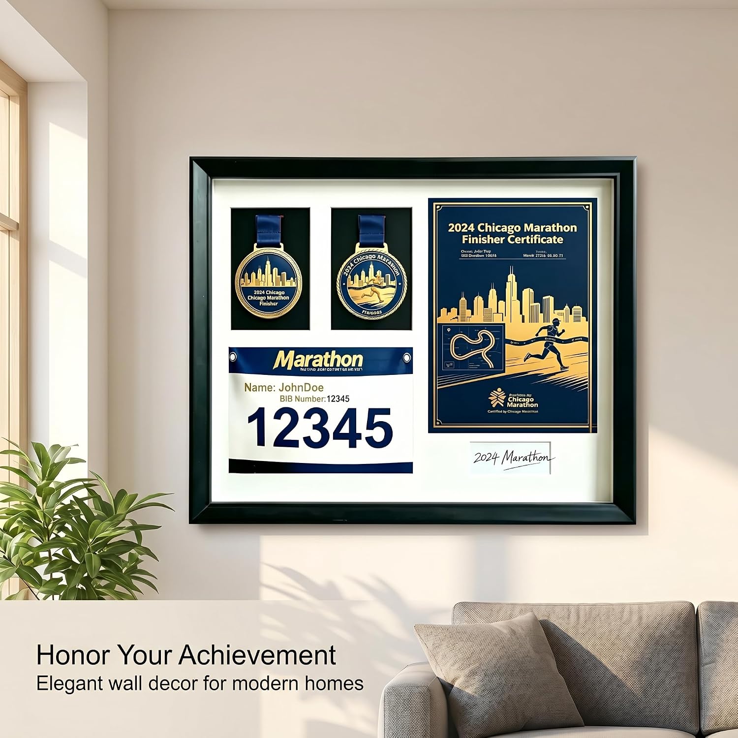 16.9x20.8 Black Solid Wood Marathon Medal Display Frame,Race Bib and Medal Display Case,Multifunctional Four-in-ONE Display Frame Suitable for Medals,Bibs,Photos,Signature,with 98% UV Resistant Glass