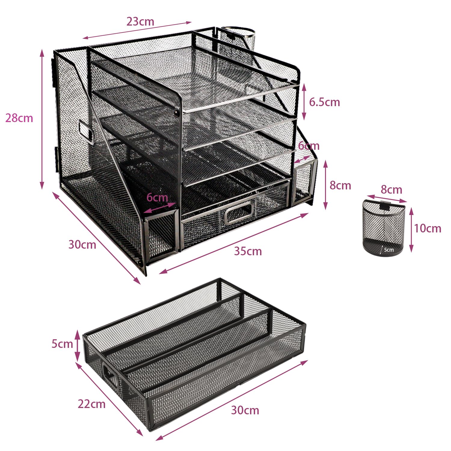 Organiseur Bureau Maille 5 Niveaux HMXLJJY - Avec Tiroir Et Porte-stylos - Noir