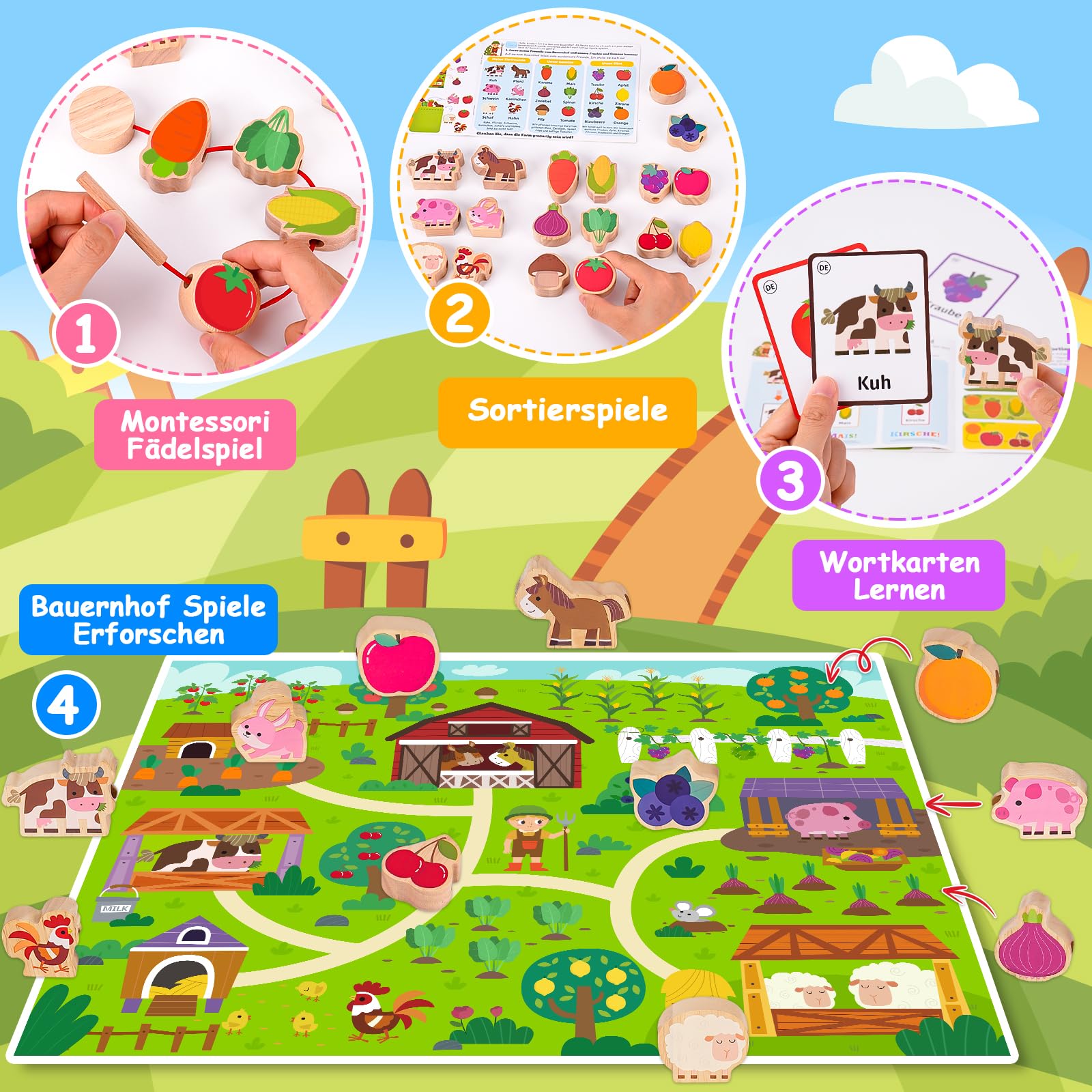 Juguetes Montessori Niños 1 2 3 Años: Regalo Niña Niño 2 3 Años cuentas de Madera Juguete Enhebrar Juegos Educativos Niños 1-3 Años Regalo de Cumpleaños Tema de la Granja con Animales Frutas Verduras