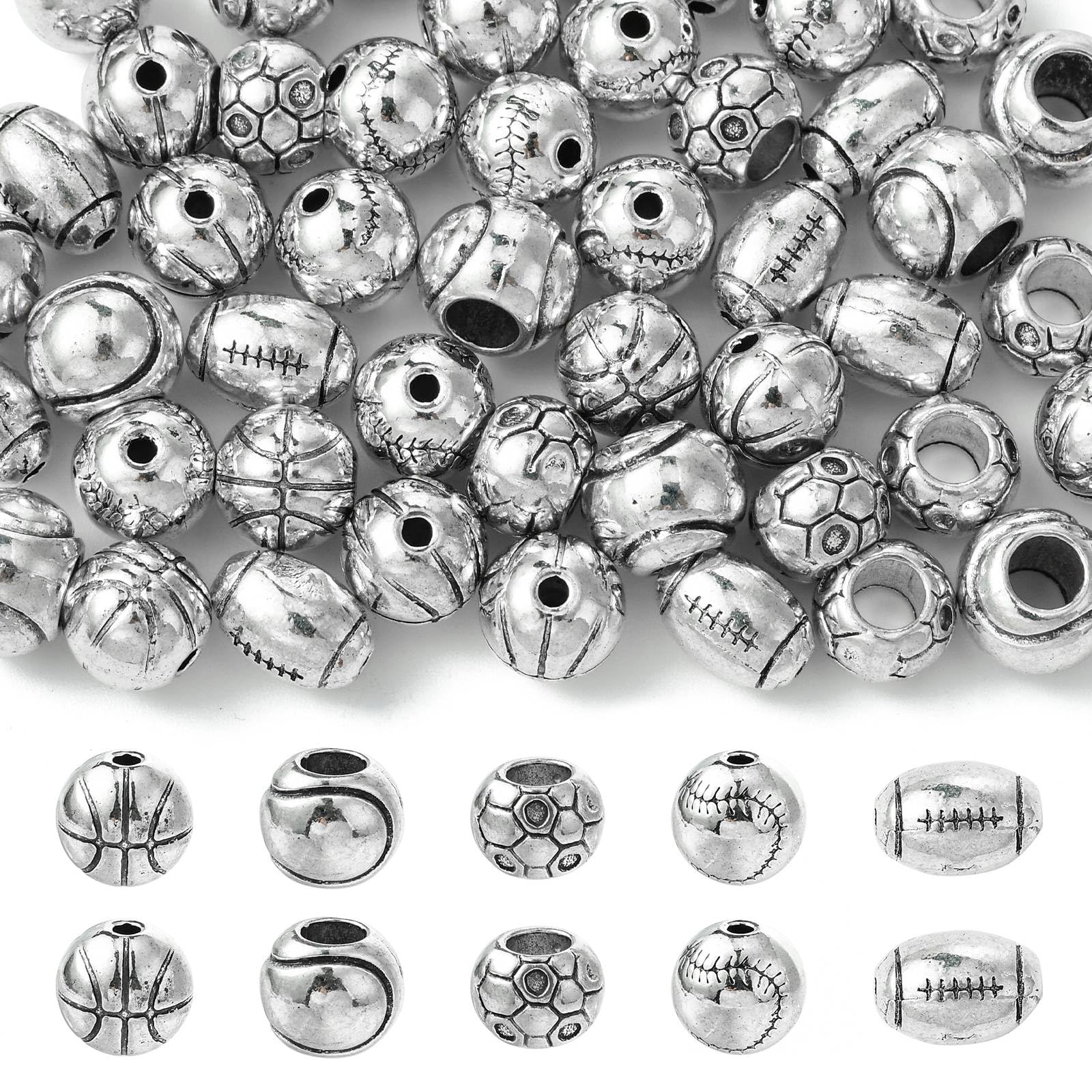 Stiesy 50pcs/box 5 Styles Sport Ball Theme Tibetan Beads Antique Silver Color Basketball Soccer Tennis Baseball Rugby Beads Round Ball Spacer Loose