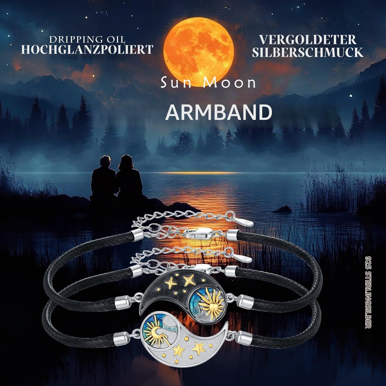 REDSUN Yin-Yang Armband 925 Sterling Silber mit Sonne, Mond & Sanduhr – Verstellbares 2 Paare Tai-Chi Partner Armbänder Yin Yang Schmuck für Damen Partner Paare Männer & Frauen Sie und Ihn