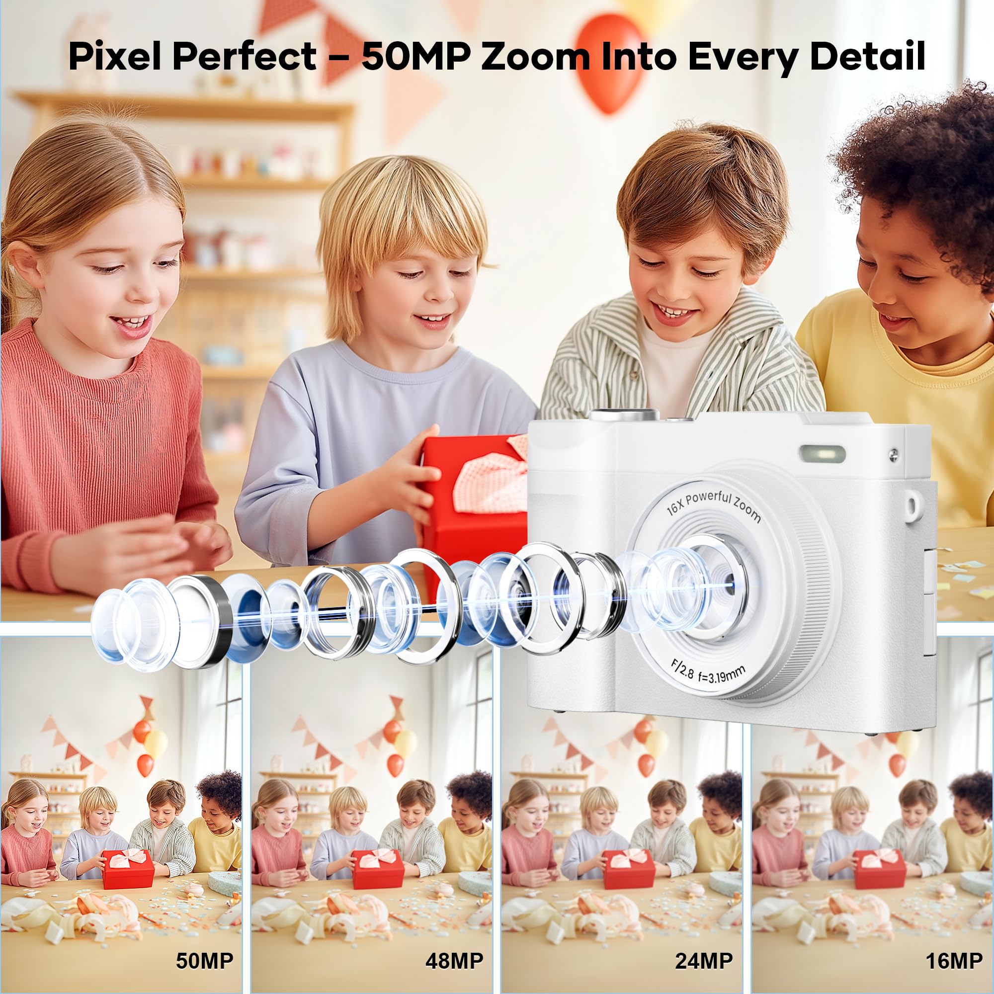 4K Digital Camera for Photography, Small Vlogging Camera with Flip Screen for YouTube, 50MP 16X Zoom, Portable Travel Cameras with 32GB SD Card for Beginners(White)