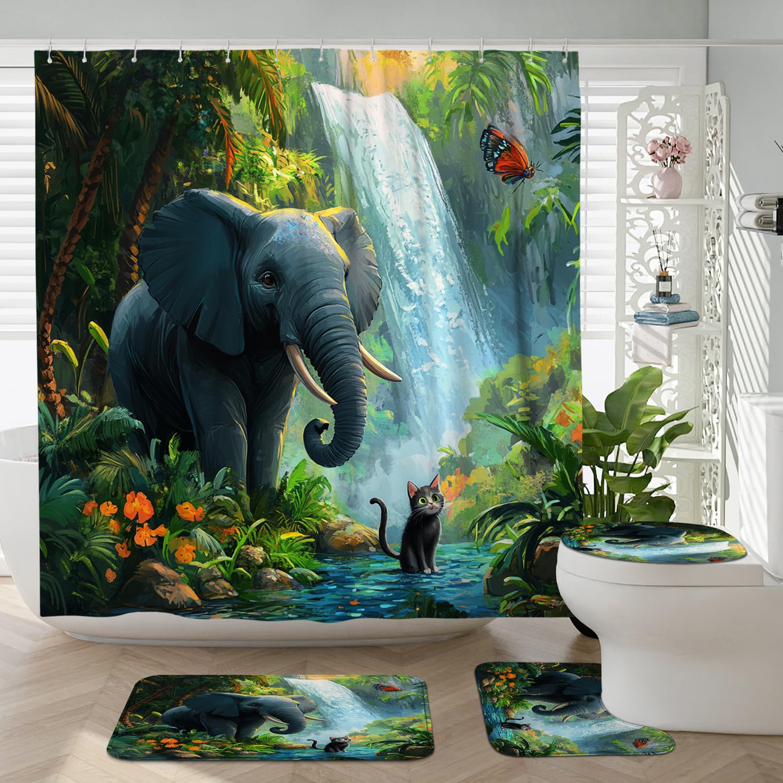4PCS Tropical Elephants Bathroom Accessory Sets with Non-Slip Rug, U Shape and Toilet Lid Cover Mat, Forest Waterfall Landscape Bathroom Fabric Decor-72''x72''