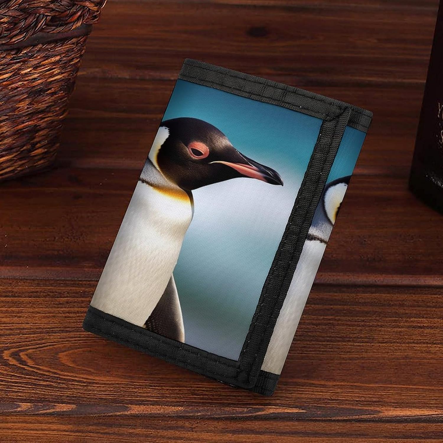 Trifold Canvas Wallet with Keychain, Modern Fashion Credit Card Holder Wallet for Men Women, Cute Penguin Slim Wallets W/Zipper Coin Pocket, Novelty Birthday Gift
