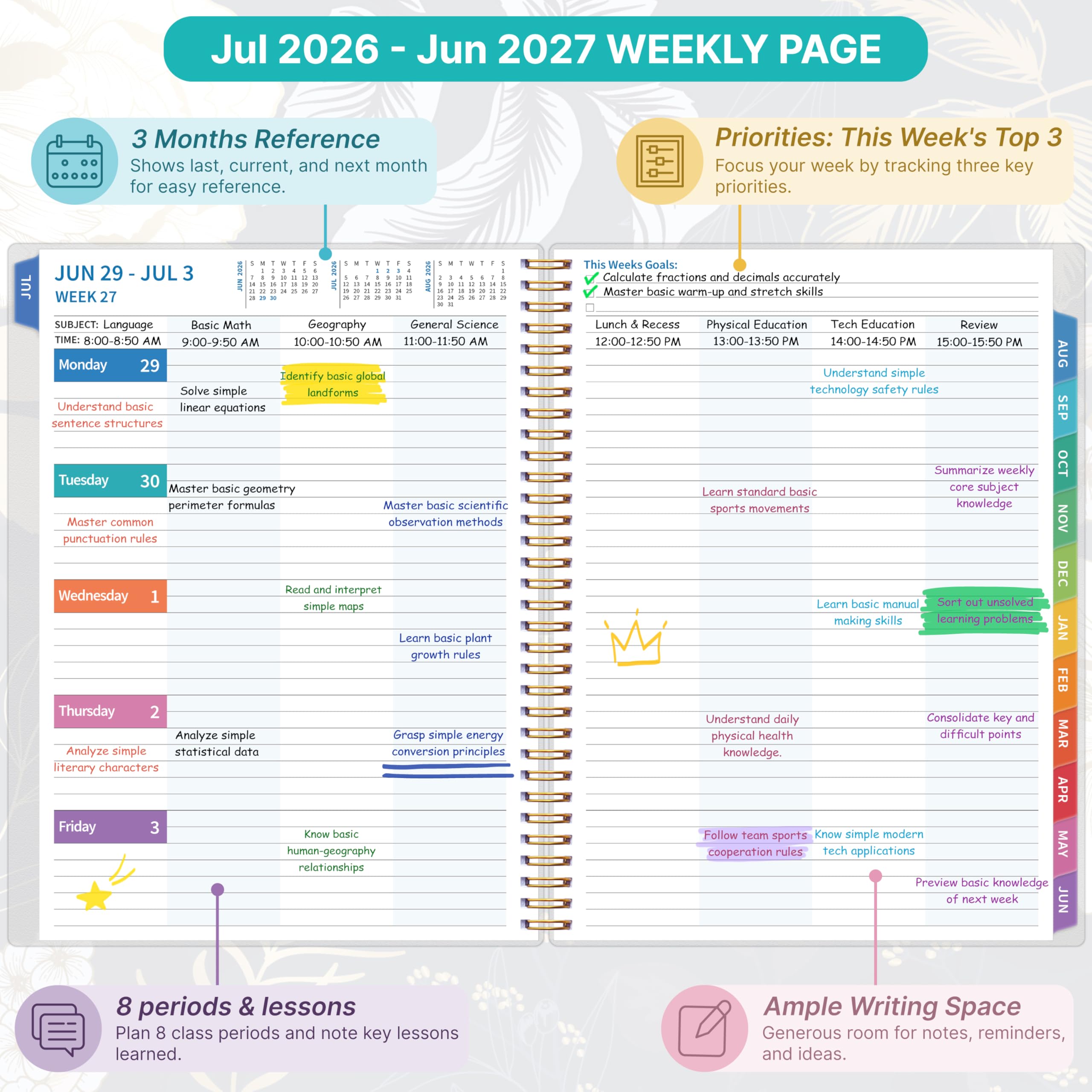 Lehrerplaner 2026–2027, Lehrerplaner für das akademische Jahr, Juli 2026–Juni 2027, Unterrichtsplaner 2026–2027, Homeschool Planbuch, 21,6 x 27,9 cm mit Registerkarten und Tasche, flexibler Einband
