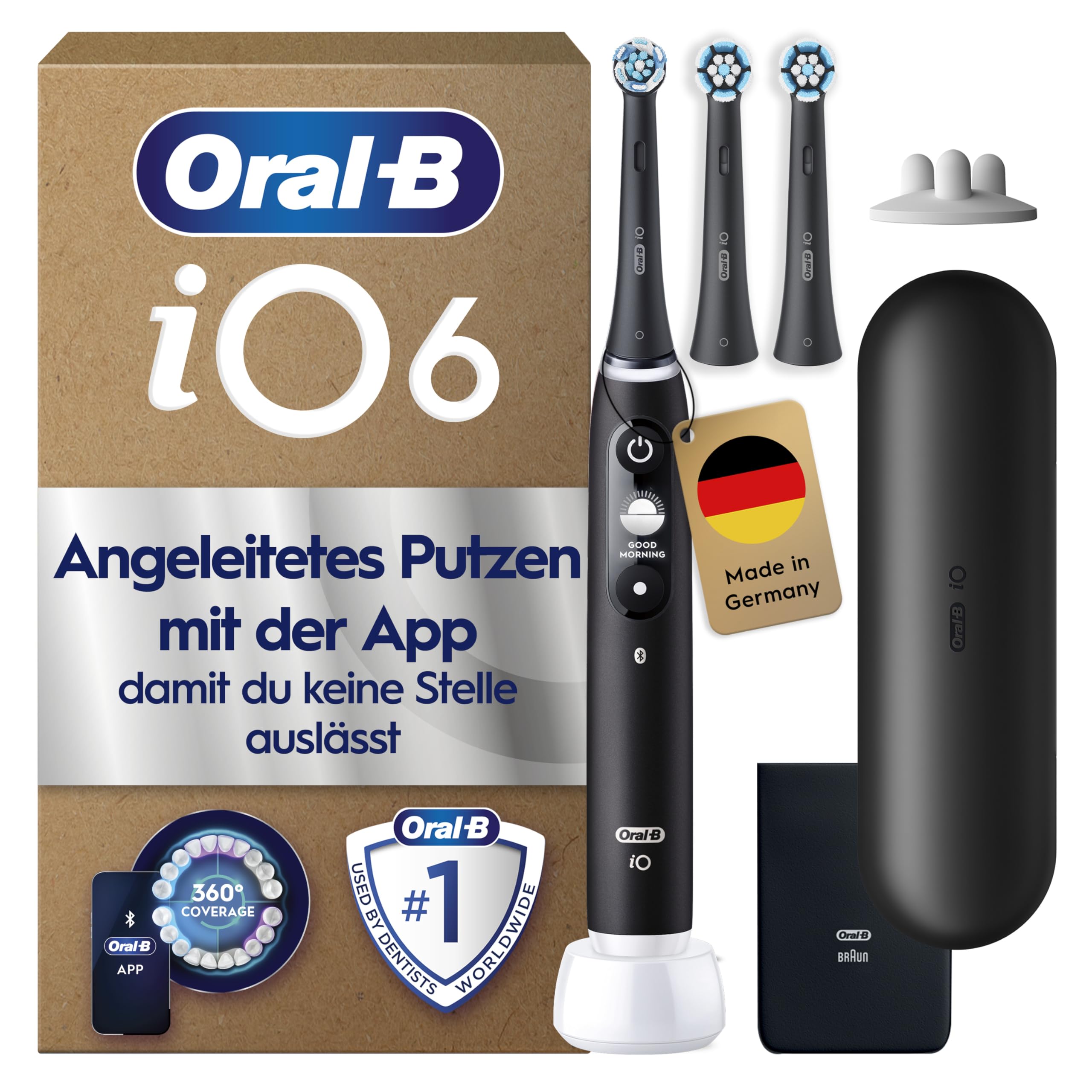 Oral-B iO Series 6 Plus Edition Elektrische Zahnbürste — Electric Toothbrush, Inkl. 3 Aufsteckbürsten, 5 Putzmodi für Zahnpflege, Reise-Etui — Zahnbürste Elektrisch, Designed by Braun, Schwarz