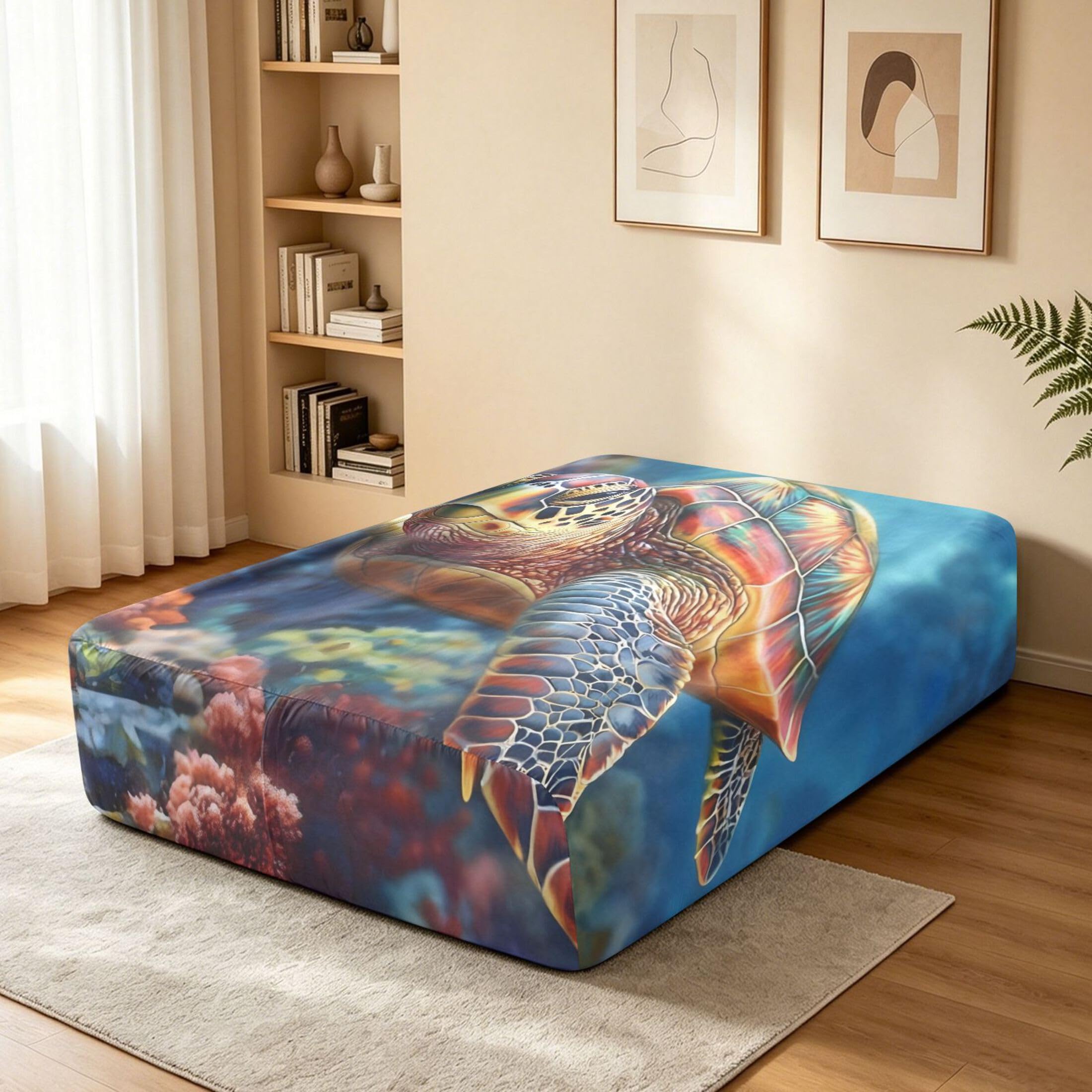Sábana bajera ajustable de tortuga marina colorida para colchón de aire, bolsillo extra profundo de 24 pulgadas, funda suave y transpirable con apertura de válvula de cremallera para cama de
