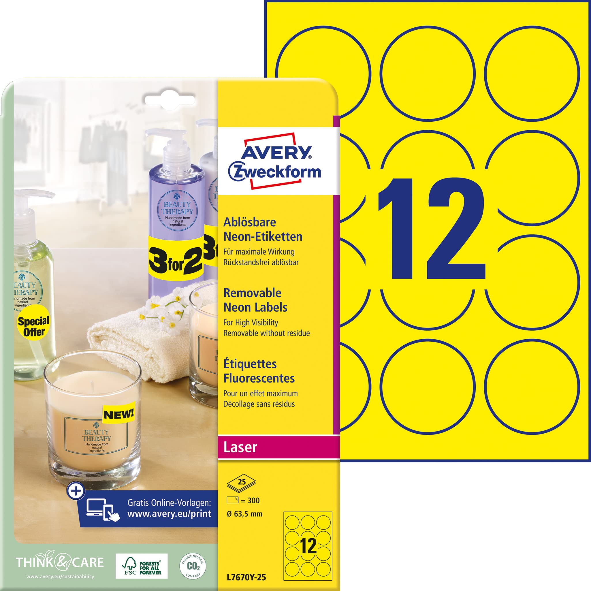 Avery Fluorescent Yellow -circular Labels - Laser - L7670 - Etiquetas de impresora (Amarillo, Laser)