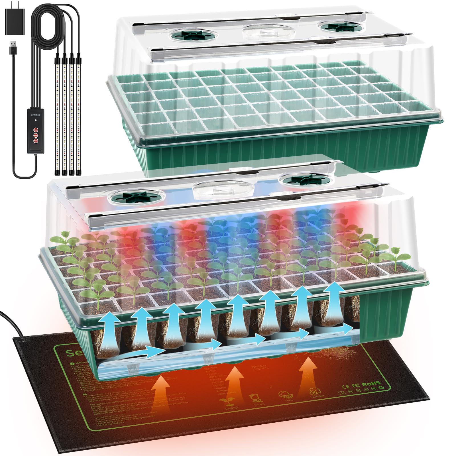 2 Set 120-Cell Seed Starter Kit with Seedling Heat Mat, Self-Watering Seed Starter Tray with Adjustable Brightness Timed Grow Light Humidity Domes, Indoor Seedling Starter Tray Plant Germination Kit