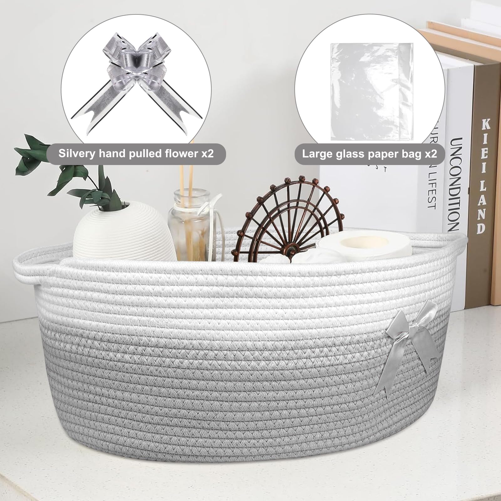 Lotvic 43 x 32 x 18 cm, cesto regalo grande, kit cestino, cesto vuoto, con sacchetti di cellophane e fiocchi (grigio e bianco)