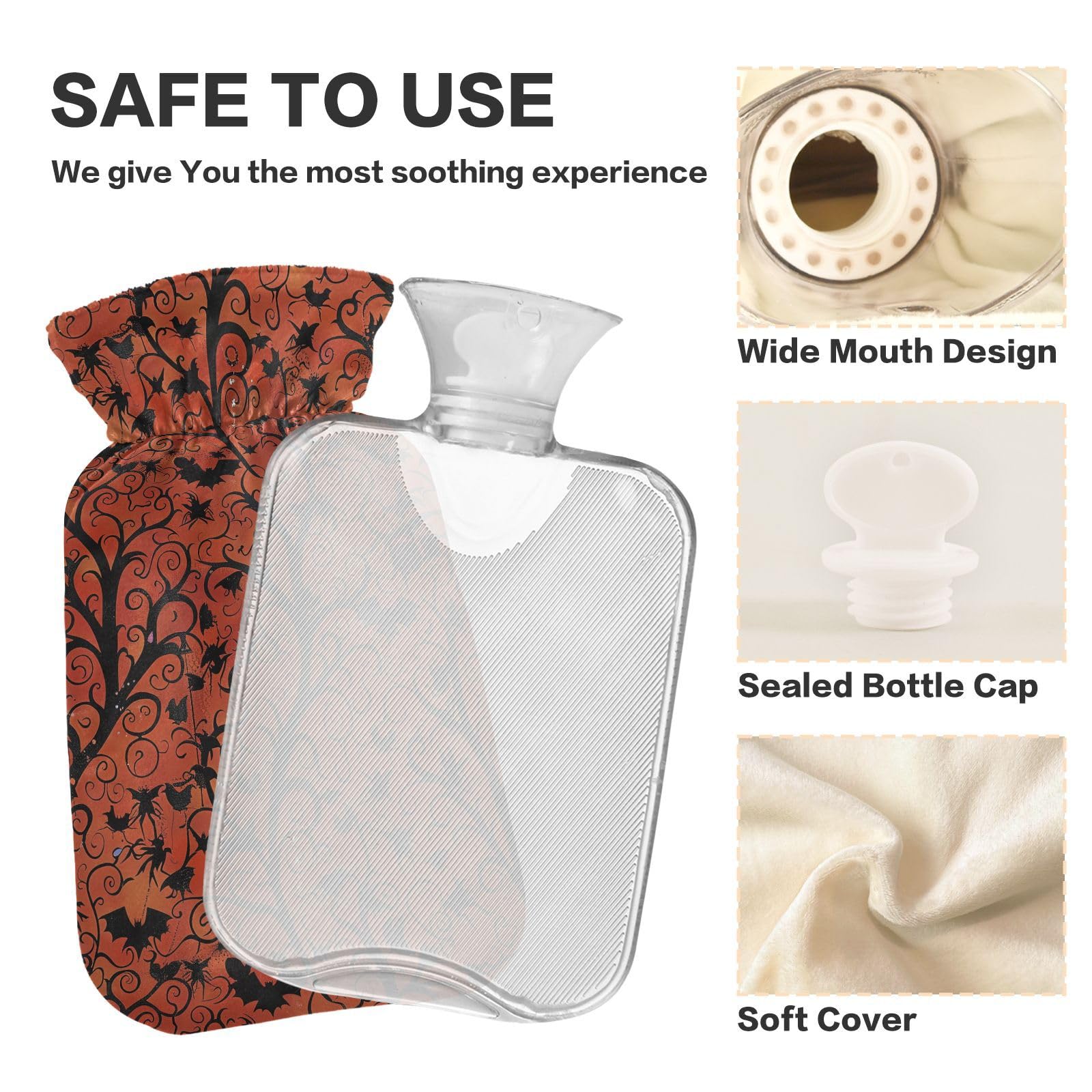 YNNALE Rustic Orange Halloween Tree and Bats Hot Water Bottle with Cover, 2Liter Soft Velvet Winter Warm Water Bag for Neck and Shoulder Pain Relief Period Cramps Bed Hand Feet Warmer