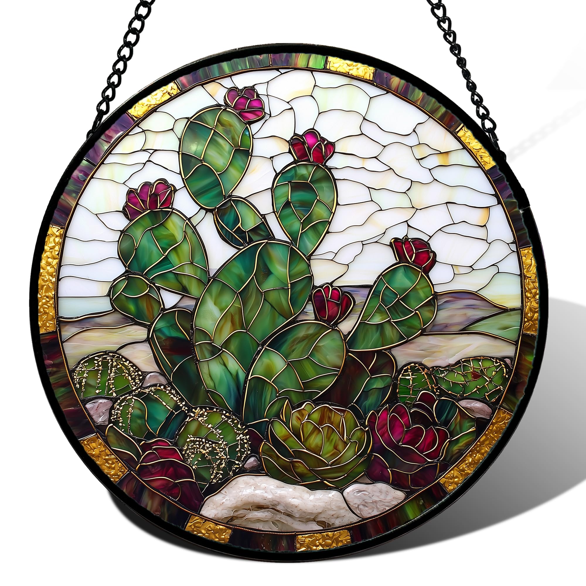 Prickly Pear Cactus Bloom Stained Glass Window Hanging Suncatcher Gift 15"