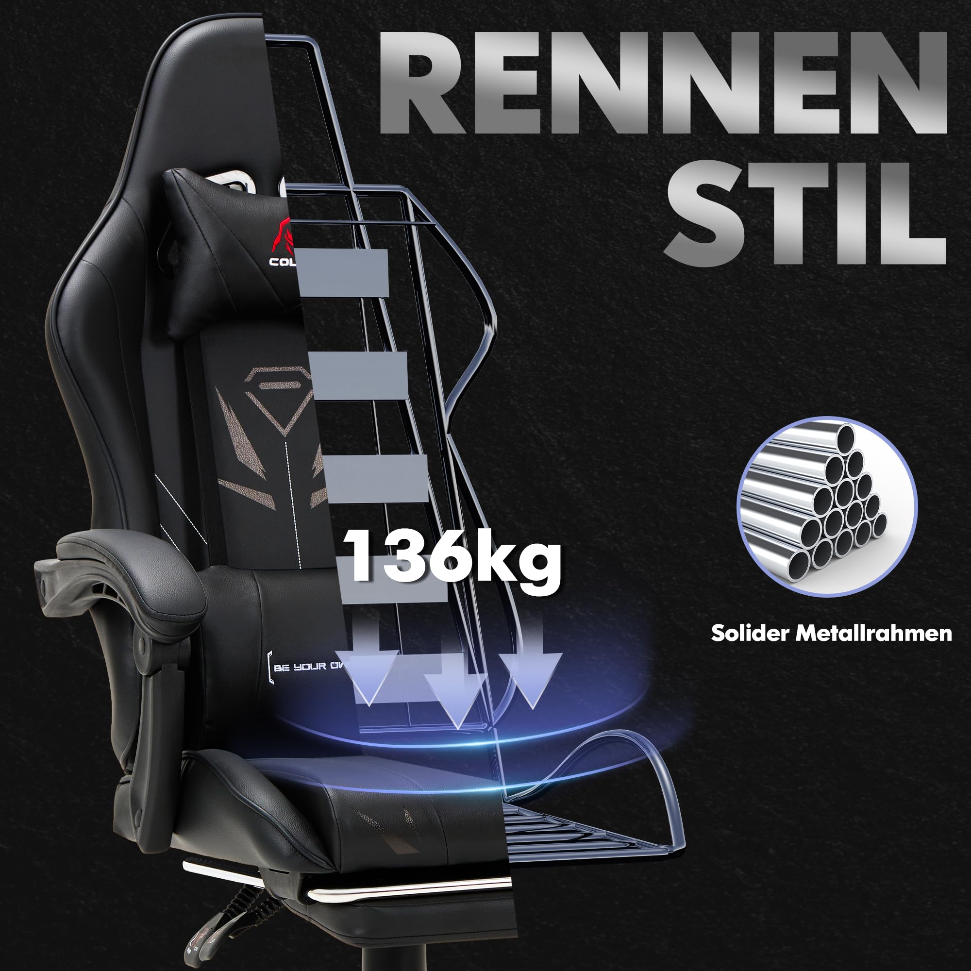 COLAMY Gaming Stuhl, Computer Stuhl mit Fußstütze und Lendenwirbelstütze, höhenverstellbarer Gaming Chair mit 360°-Drehsitz und Kopfstütze, Video Gamer PC Stuhl, Ergonomische hohe Rückenlehne, Schwarz