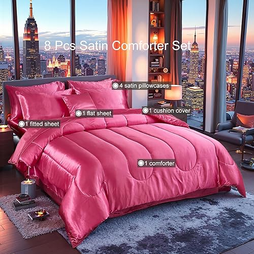 Miniatura 2 de Juego de edredón de satén con juego de sábanas, ropa de cama matrimonial en una bolsa, ropa de cama sedosa de lujo con 1 edredón, 1 sábana encimera,