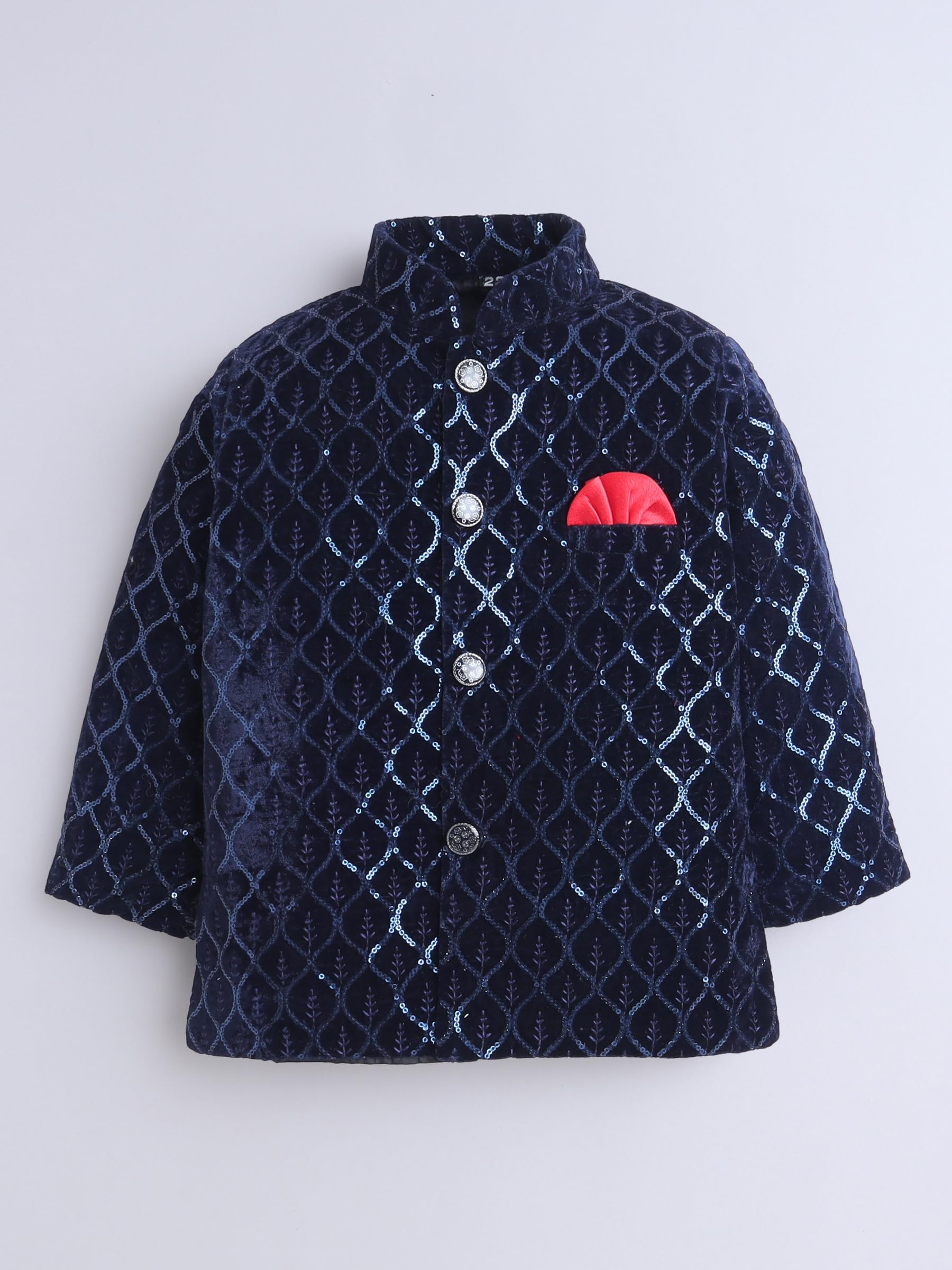 Boys Velvet Leaf Motifs Sequined Jodhpuri Blazer & Trouser Set- Navy Blue 2