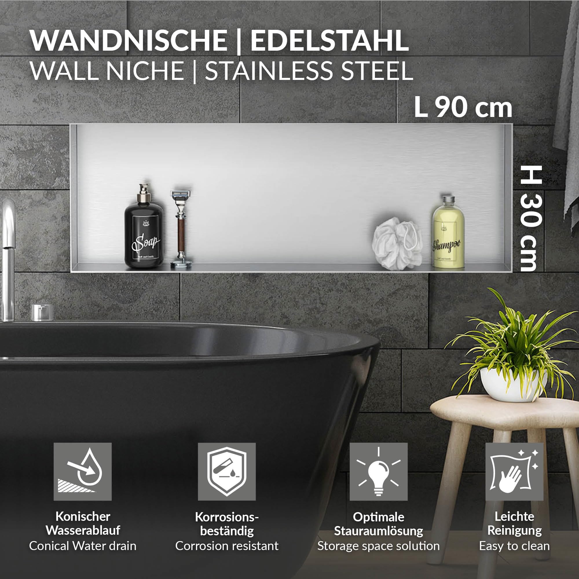 LuxeBath Niche de Douche Encastrée Murale, 90x30x10 cm, en Acier Inoxydable, Argent, sans Rebord, Étagère Encastrable Salle de Bain, Seule Couche, Rangement Articles Toilette, avec Matériel Montage