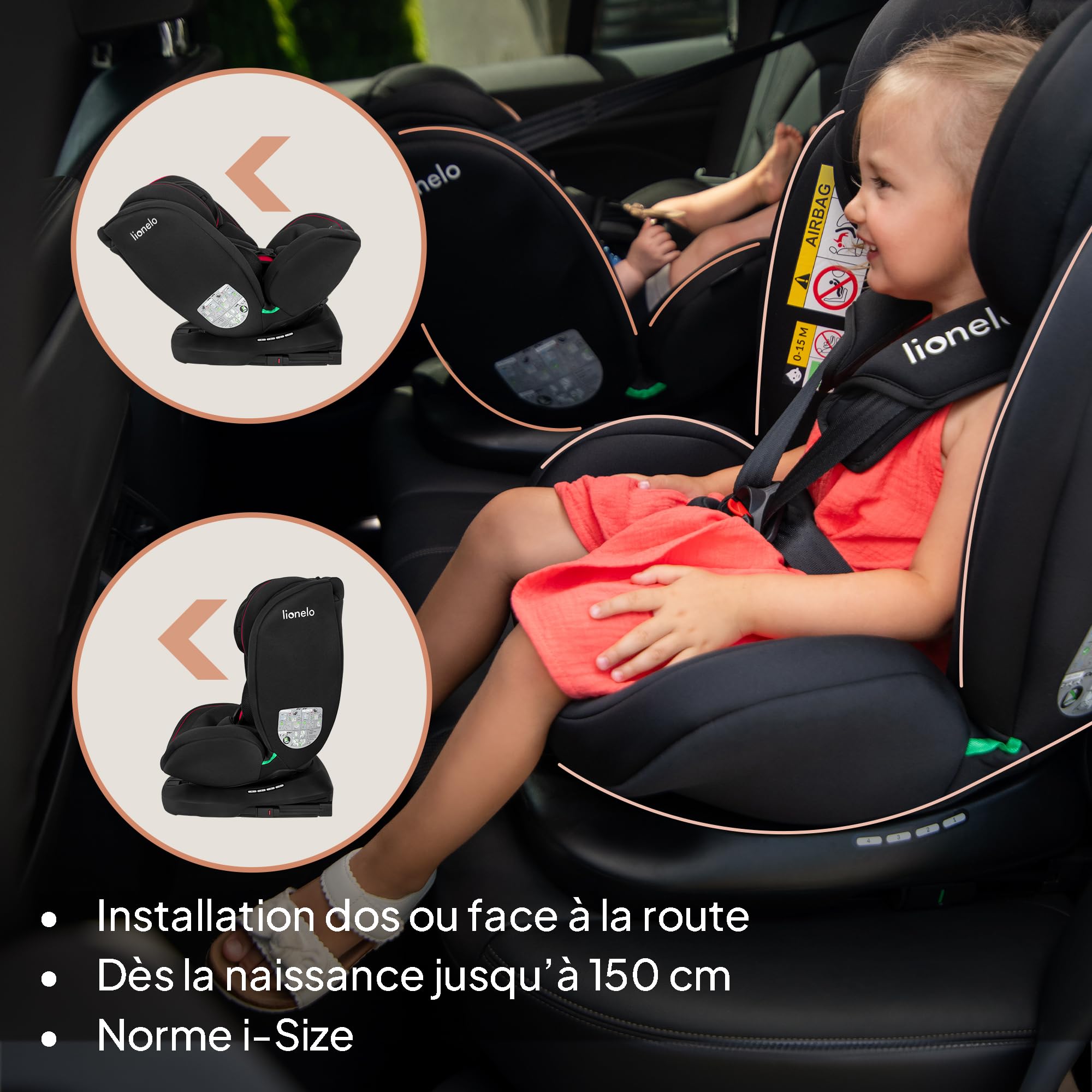 Lionelo BASTIAAN I-SIZE Siège Auto Pivotant à 360° ISOFIX De 0 à 36 kg | (40-150 cm) Groupe 0/1/2/3 (0-12 Ans) Installation Face et Dos à la Route, Sangle TopTether, Têtière Ajustable, Rotation 362