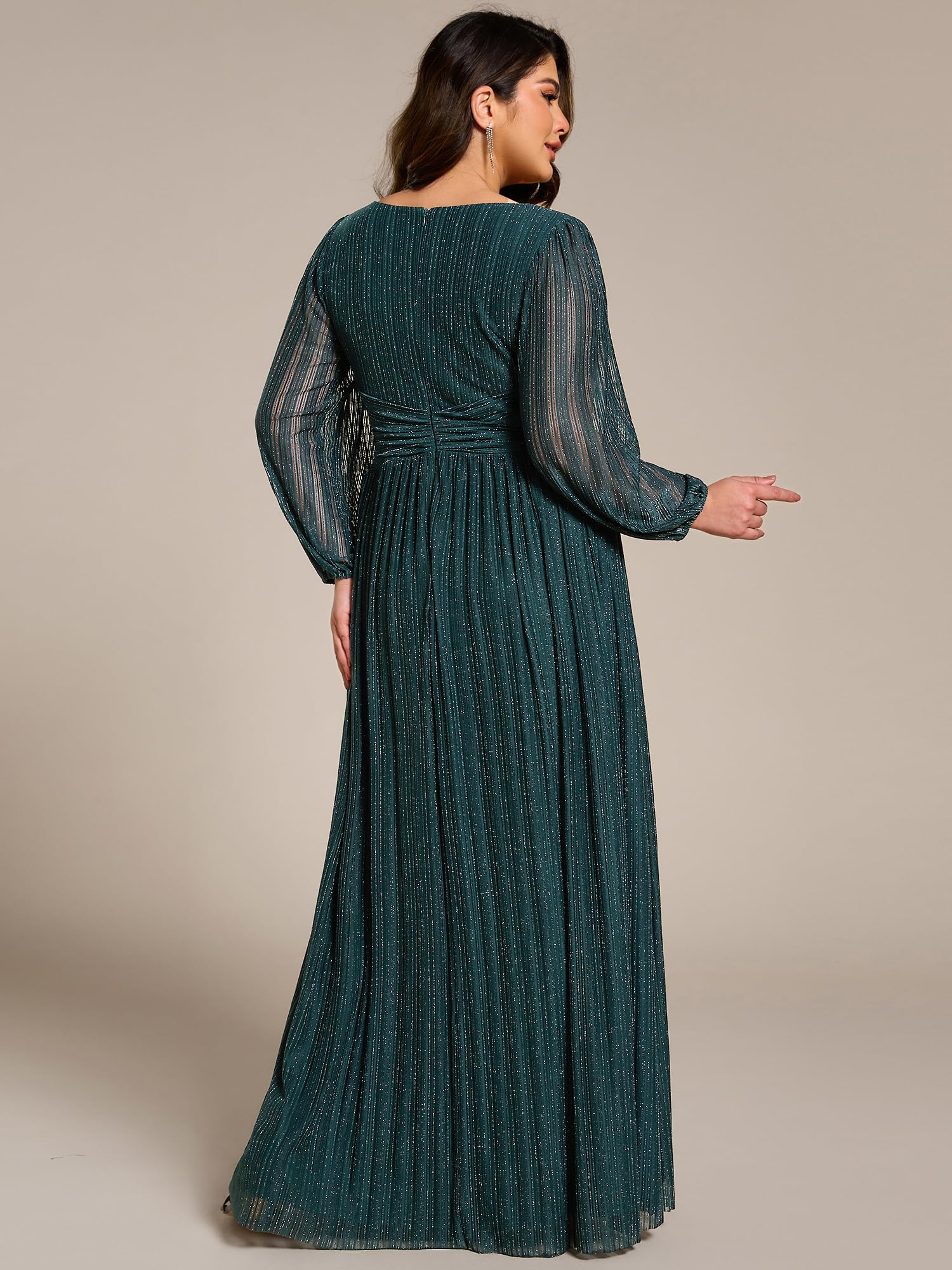 Ever-Pretty Donne Glitter Maniche Lunghe Scollo a V Pieghe Impero Vita Piano Lunghezza Plus Size Abiti Formali Abiti da Sera, Verde acqua, 52