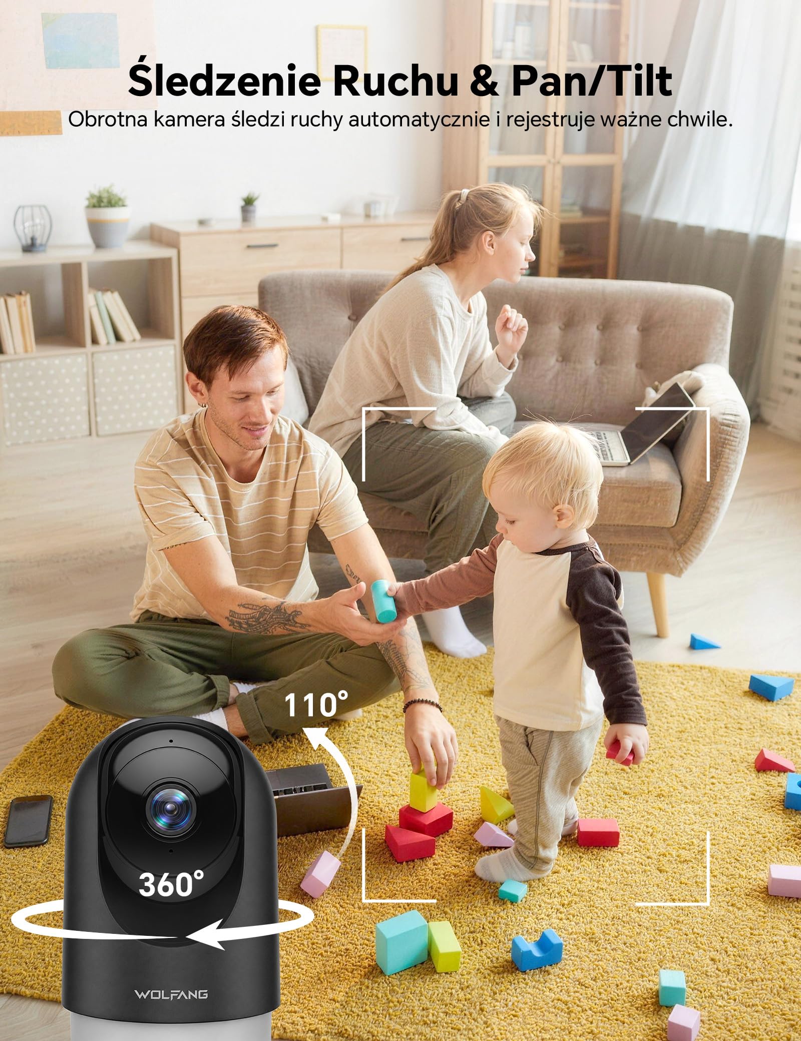 WOLFANG Kamera Wewnętrzna 2K, Kamera WiFi do Domu z Funkcją Obrotu 360° PTZ, Automatycznym Śledzeniem i Trybem Nocnym, Kamera dla Psa z Dwukierunkowym Audio, Kompatybilna z Alexa