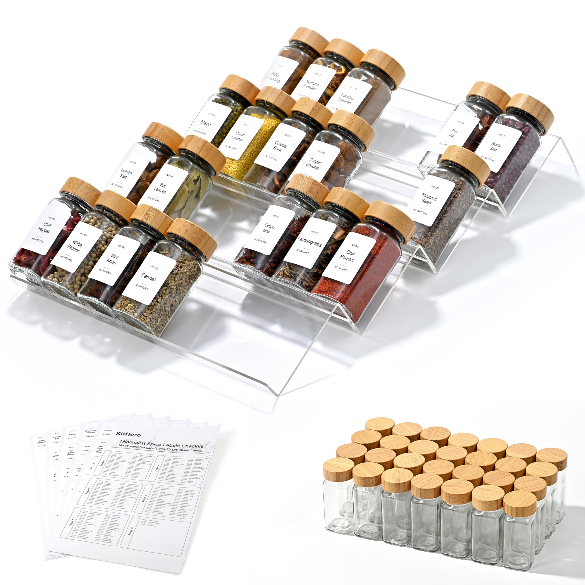 Acryl-Gewürz-Schubladen-Organizer mit 28 Gewürzgläsern und 216 Etiketten, rutschfestes Gummi, 4-stöckiges Gewürzregal, Gewürzbehälter für Küchenschubladen, Schränke, Arbeitsplatten, 33 cm