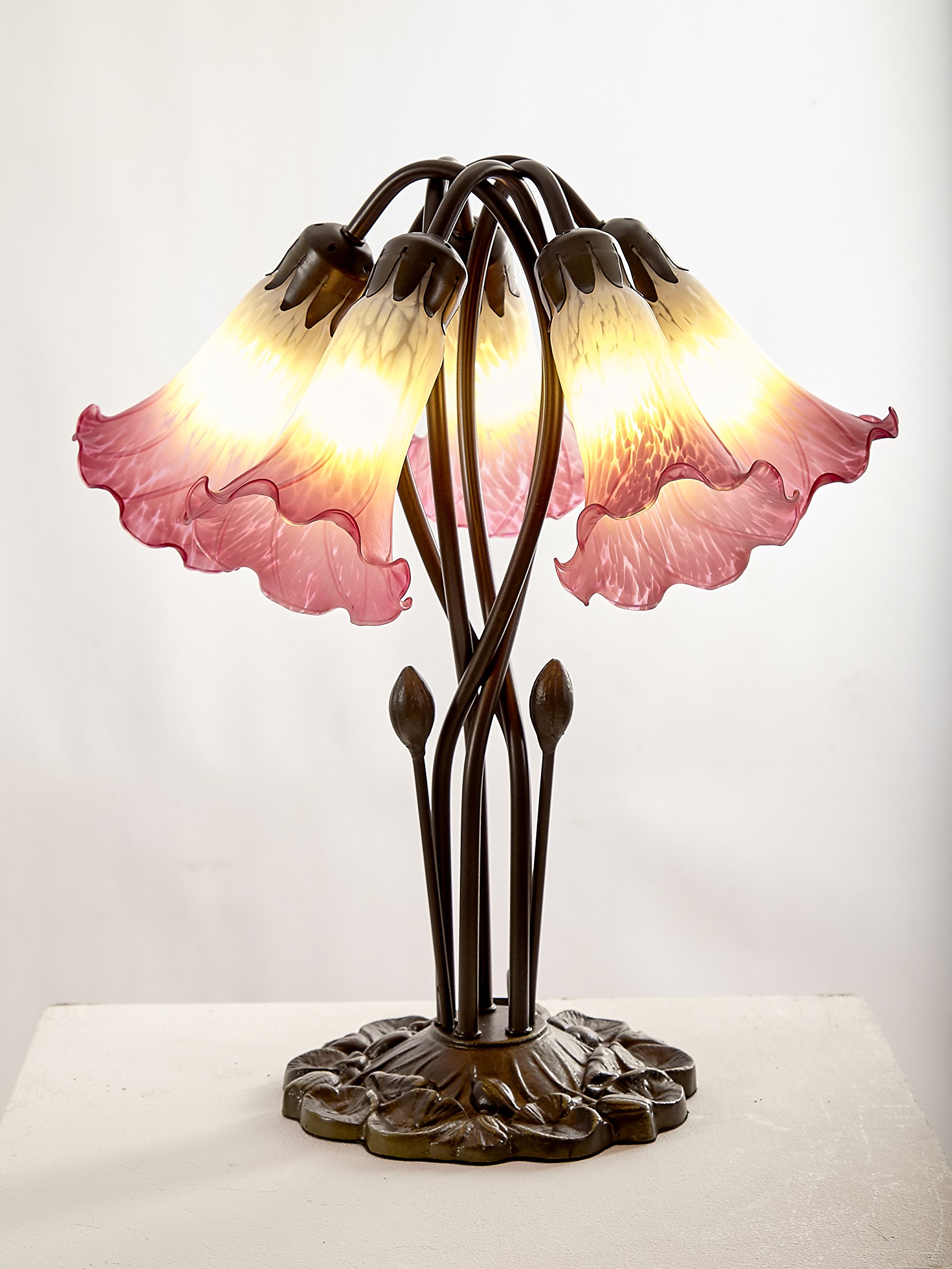 Dales Lighting 5 Light Pond Lily Table Lamp Complete with White/Pink Glass