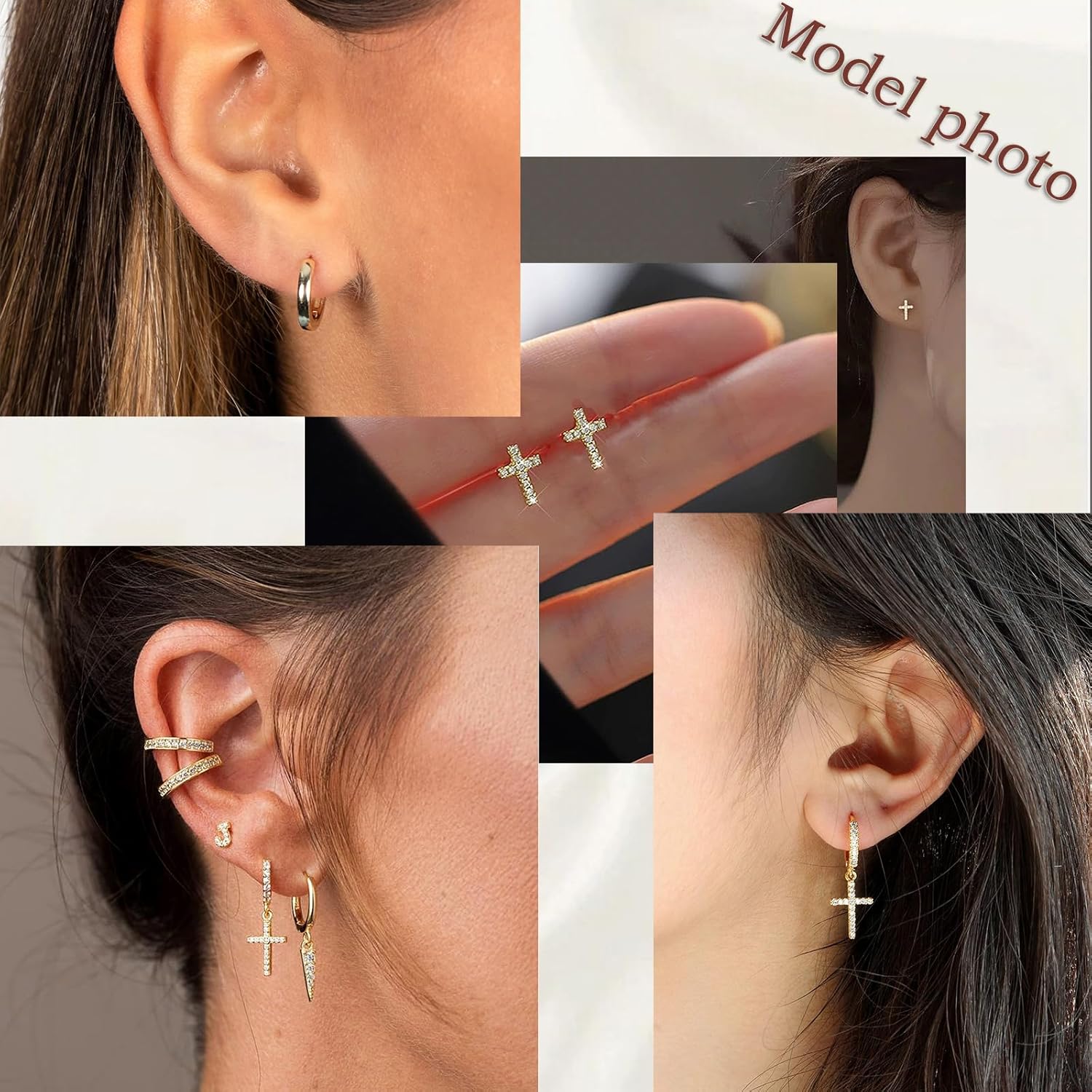 3 Pairs 14K Gold Plated Cross Cubic Zirconia Hoop Earrings Set, Hypoallergenic Cartilage Stud and Dangle Earrings for Women Everyday Jewelry - Image 5