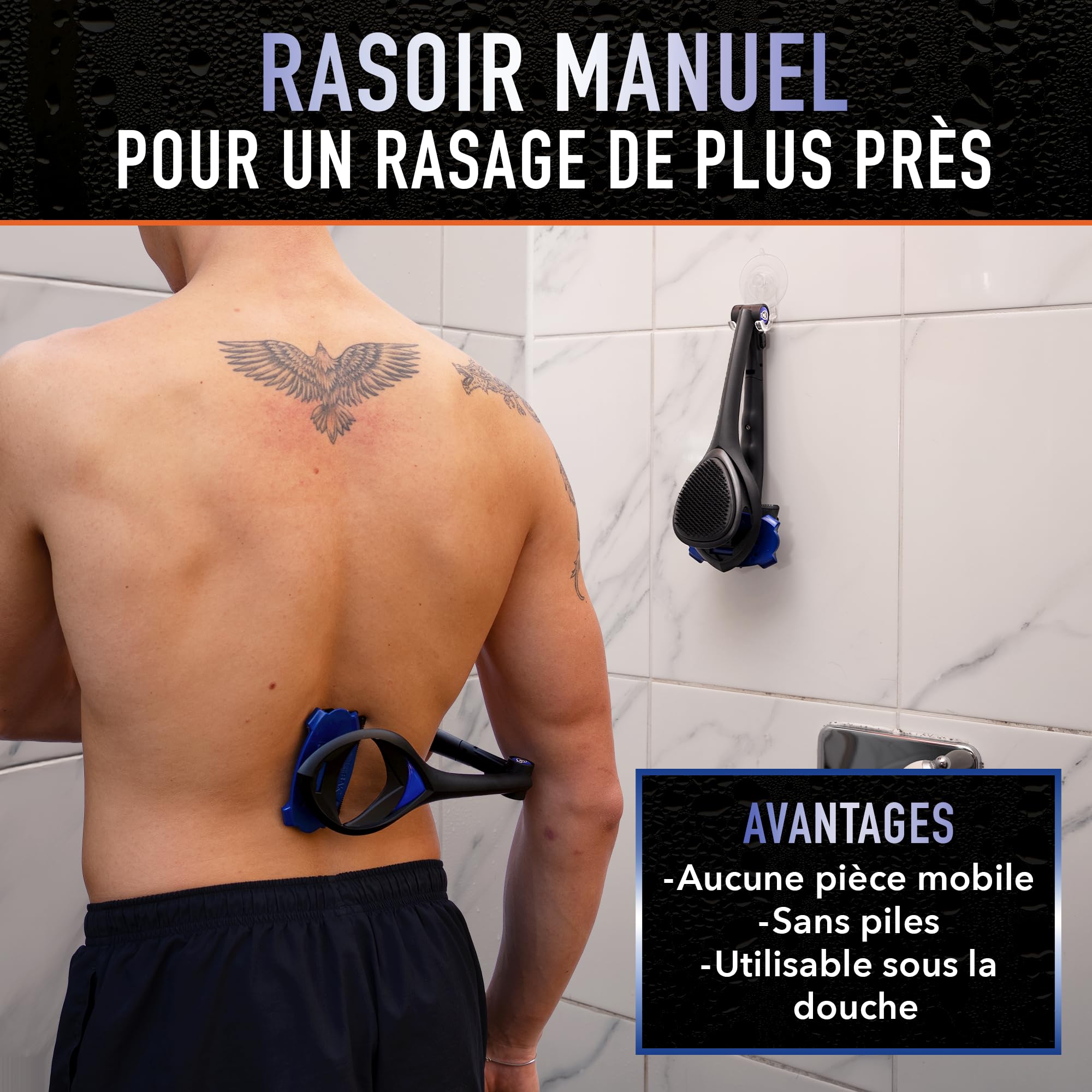 BakBlade 3.0 Stealth Rasoir Dorsal À Long Manche, Double Prise | Manche Ergonomique De 58 Cm, Brosse Exfoliante Incluse, 3 Rangées De Lames, Rasage Sec Ou Humide, Lames Dryglide