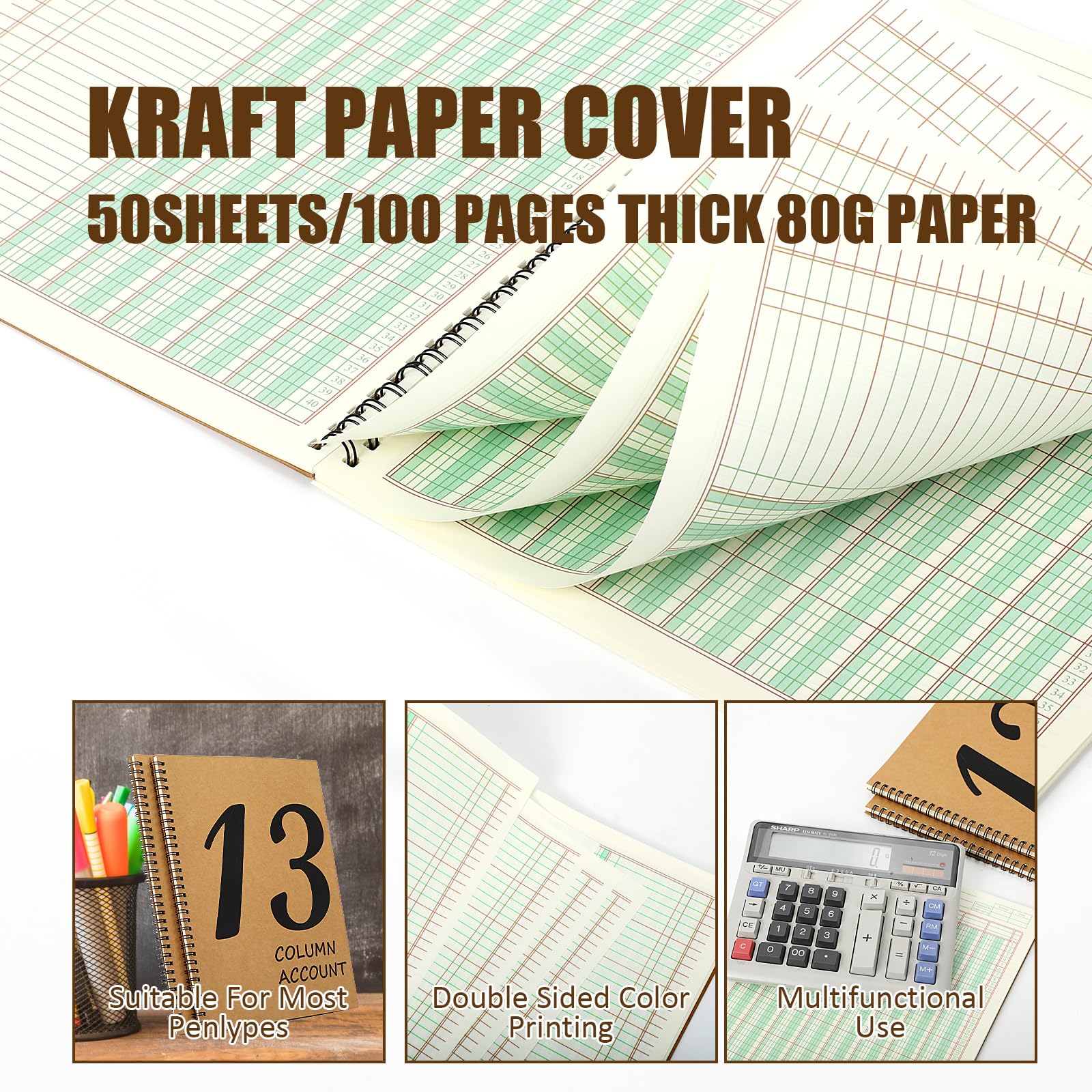 Libro de contabilidad de 13 columnas de 8.5 x 11 pulgadas, cuaderno de cuentas, bloc columnar de 13 columnas, bloc de análisis premium, cubierta de papel kraft, 100 páginas para uso personal, pequeñas