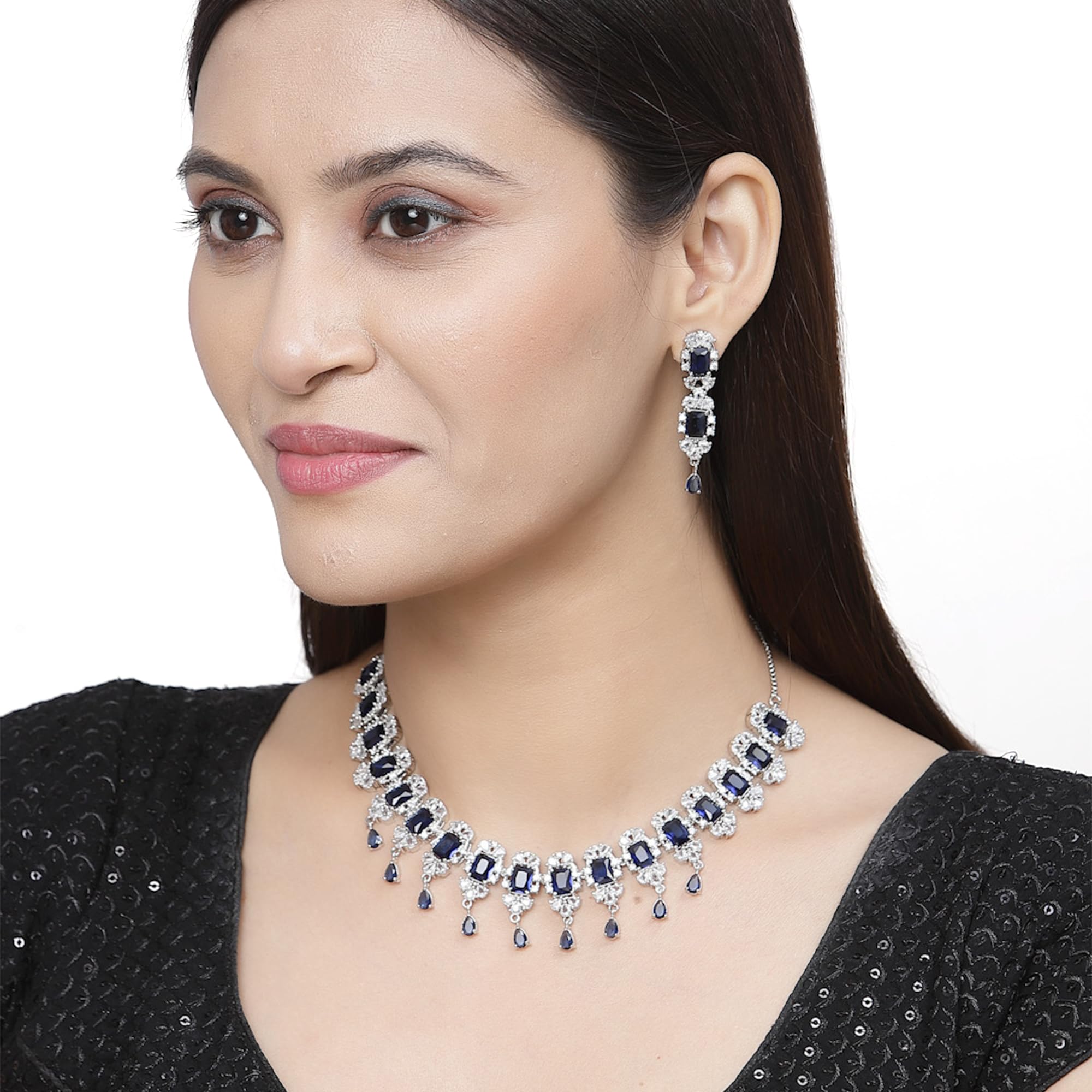 American Diamond Stone Studded Necklace Set (Navy Blue)