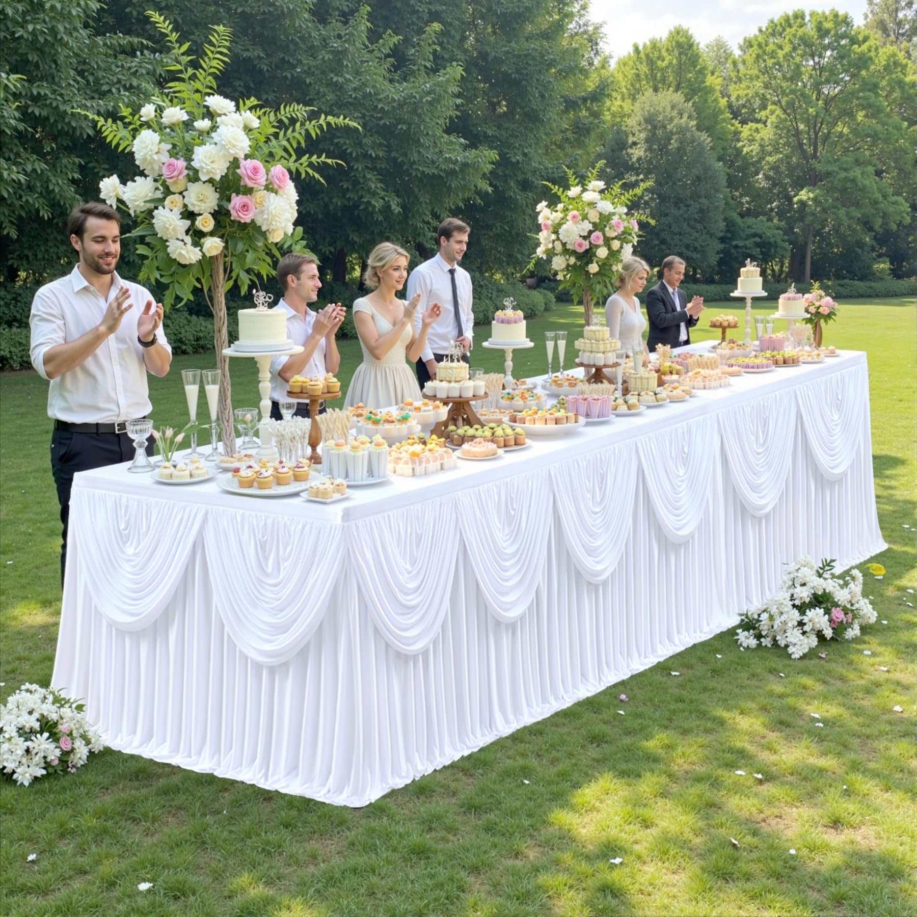 Biała poliestrowa plisowana spódnica stołowa na baby shower, wesele, bankiet, wieczór panieński, bufet, urodziny, klasyczna falbana spódnica stołowa na prostokątne lub okrągłe stoły