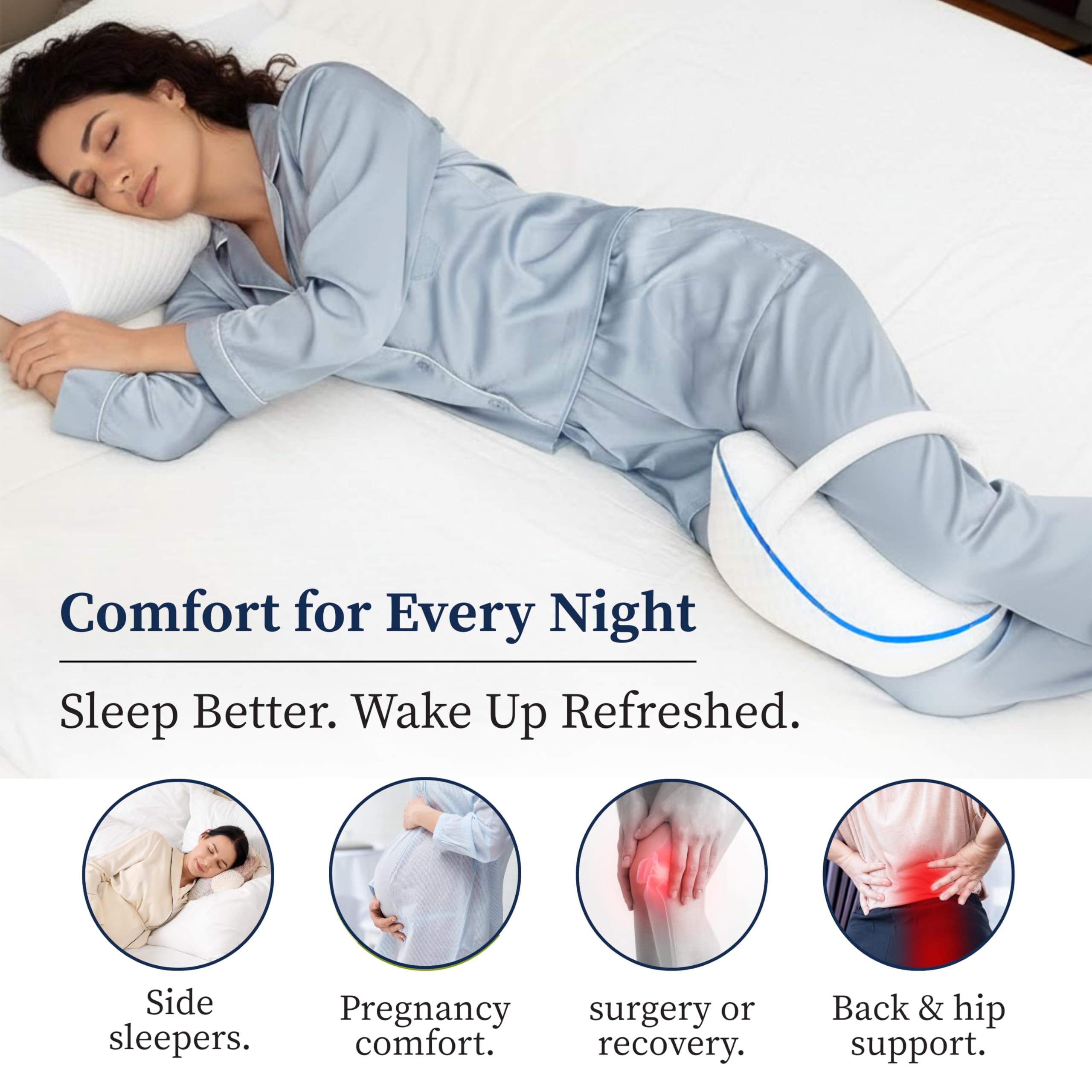 Cuscino per ginocchia per chi dorme sul fianco, cuscino ortopedico per gambe per dormire senza dolore, cuscino ergonomico in memory foam viscoelastico, rivestimento traspirante con fascia elastica