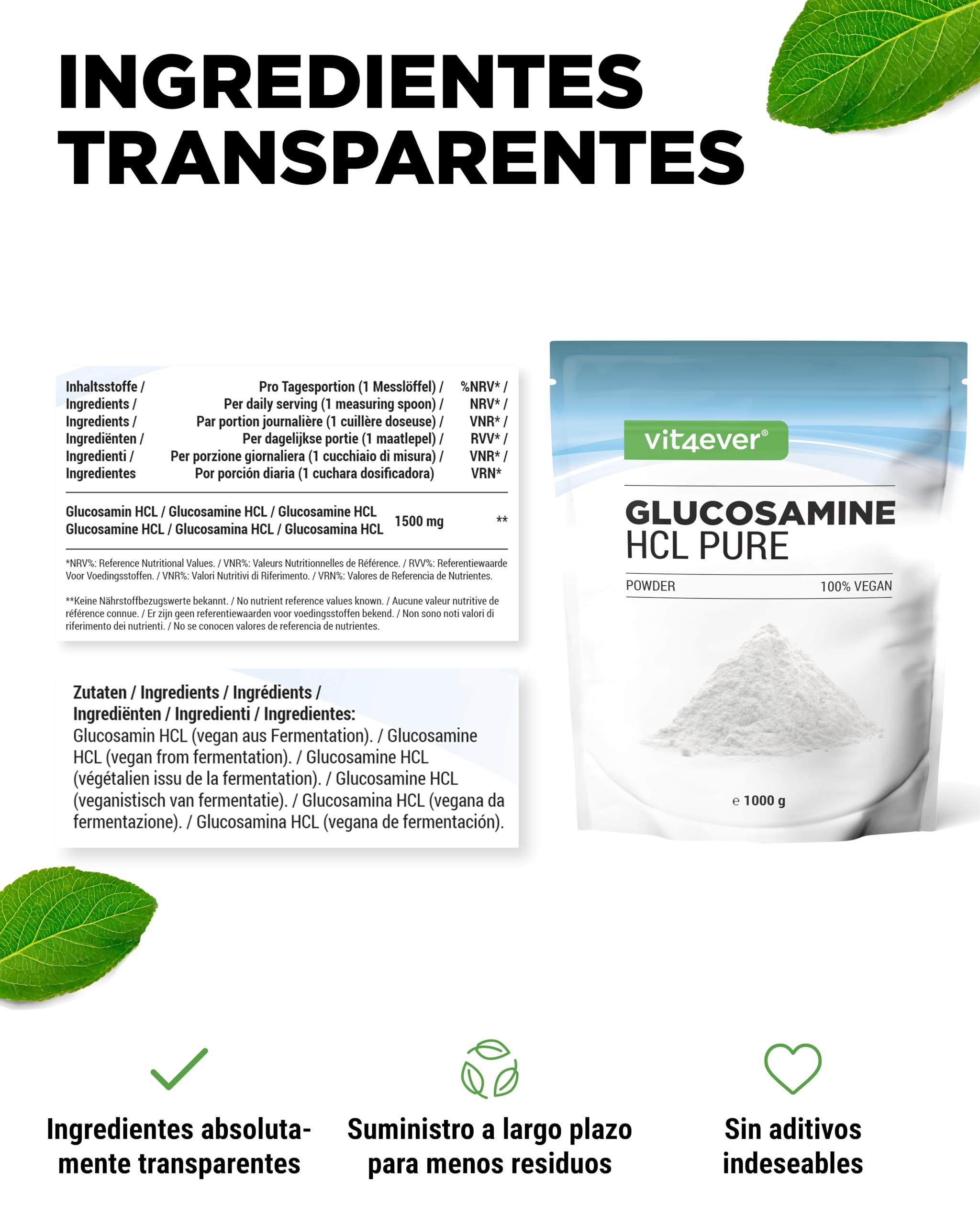 Glucosamina HCL Pura - 1000 g (1 kg) de polvo puro sin aditivos - De fermentación vegetal - Vegano - Altamente dosificado