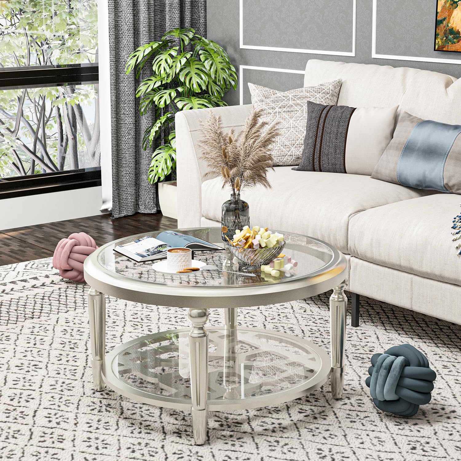 HOMPUS 32" Round Glass Coffee Table With Storage Shelf - Tempered Glass Top, Champagne Finish, Fully Assembled