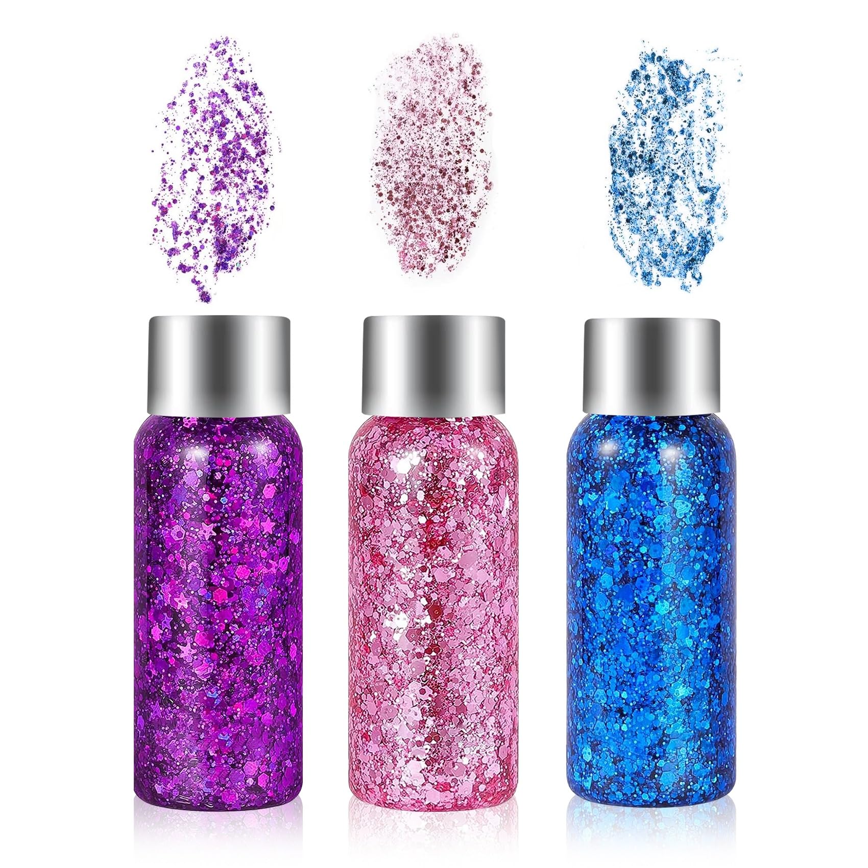 6 Colores Gel Purpurina Cara, Chunky Sirena Lentejuelas Purpurina Líquida, Gel de Purpurina (Azul, Rosa, Morado)