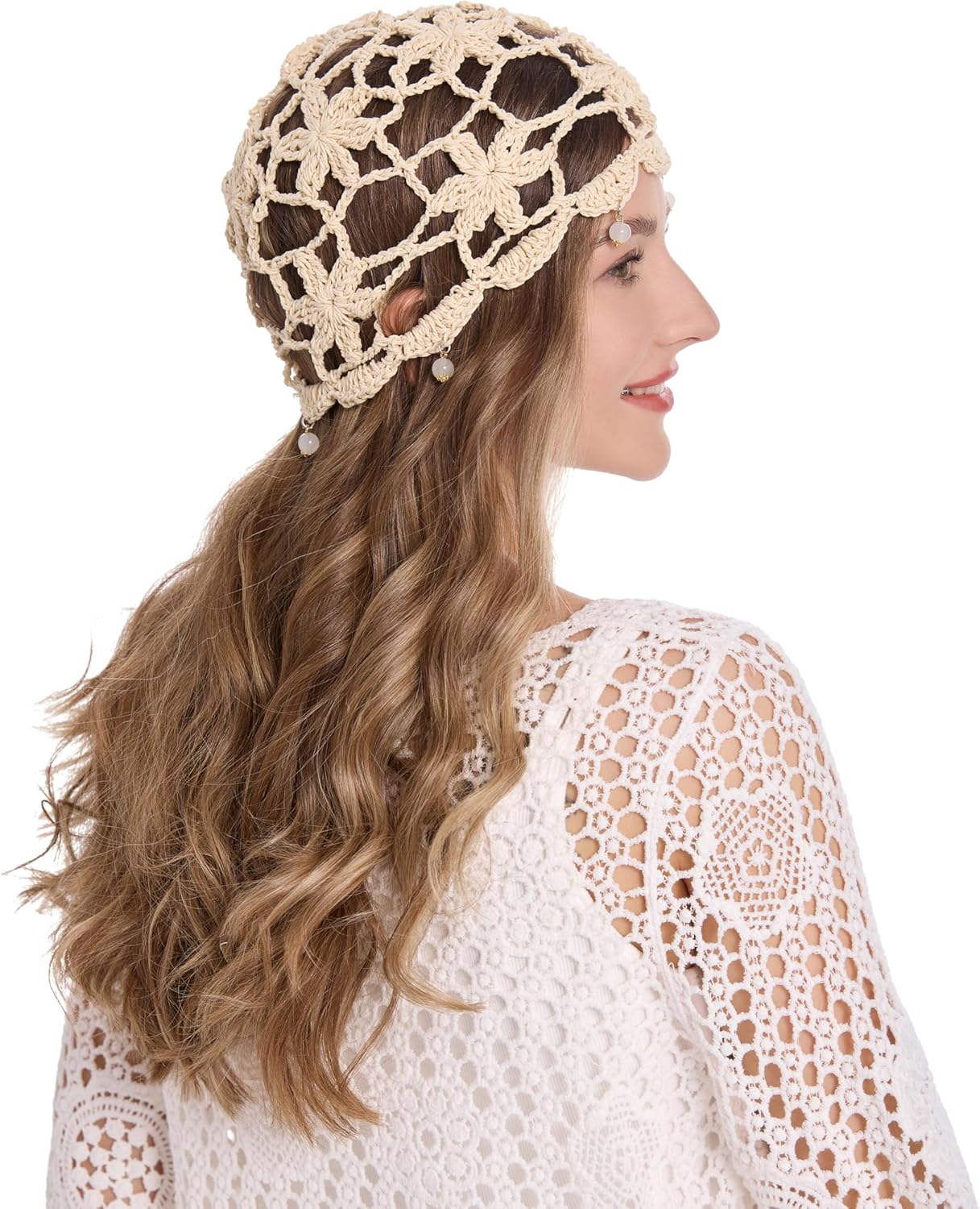 ZLYC Women Cotton Crochet Skull Cap Handmade Knit Cutout Floral Beanie Hat - Image 4