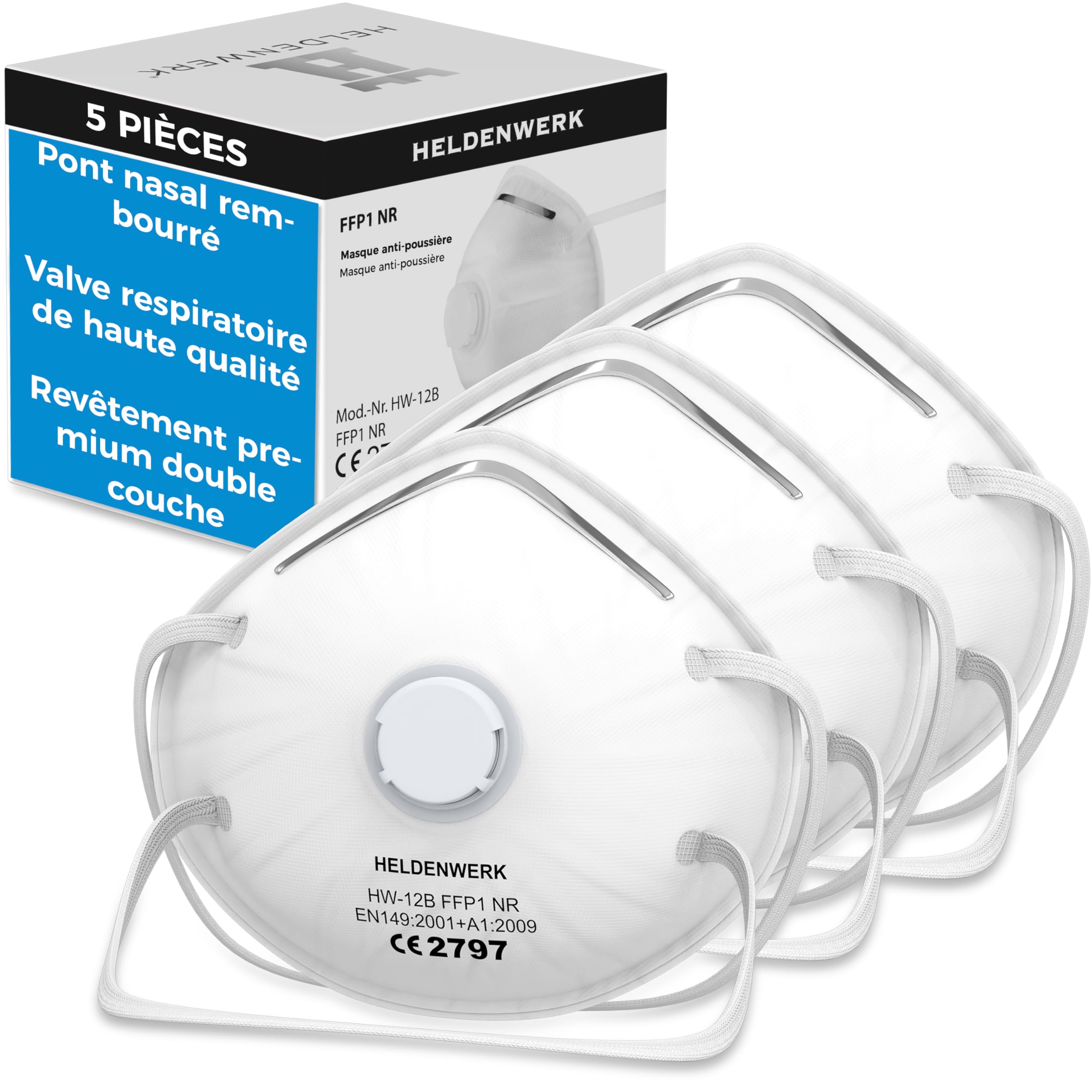 HELDENWERK Atemschutzmaske im 5er, 10er oder 20er Set - Atemmaske - Perfekt anpassbare FFP1 Mundschutz Maske - Feinstaubmaske, Staubschutzmaske für Schleifen etc