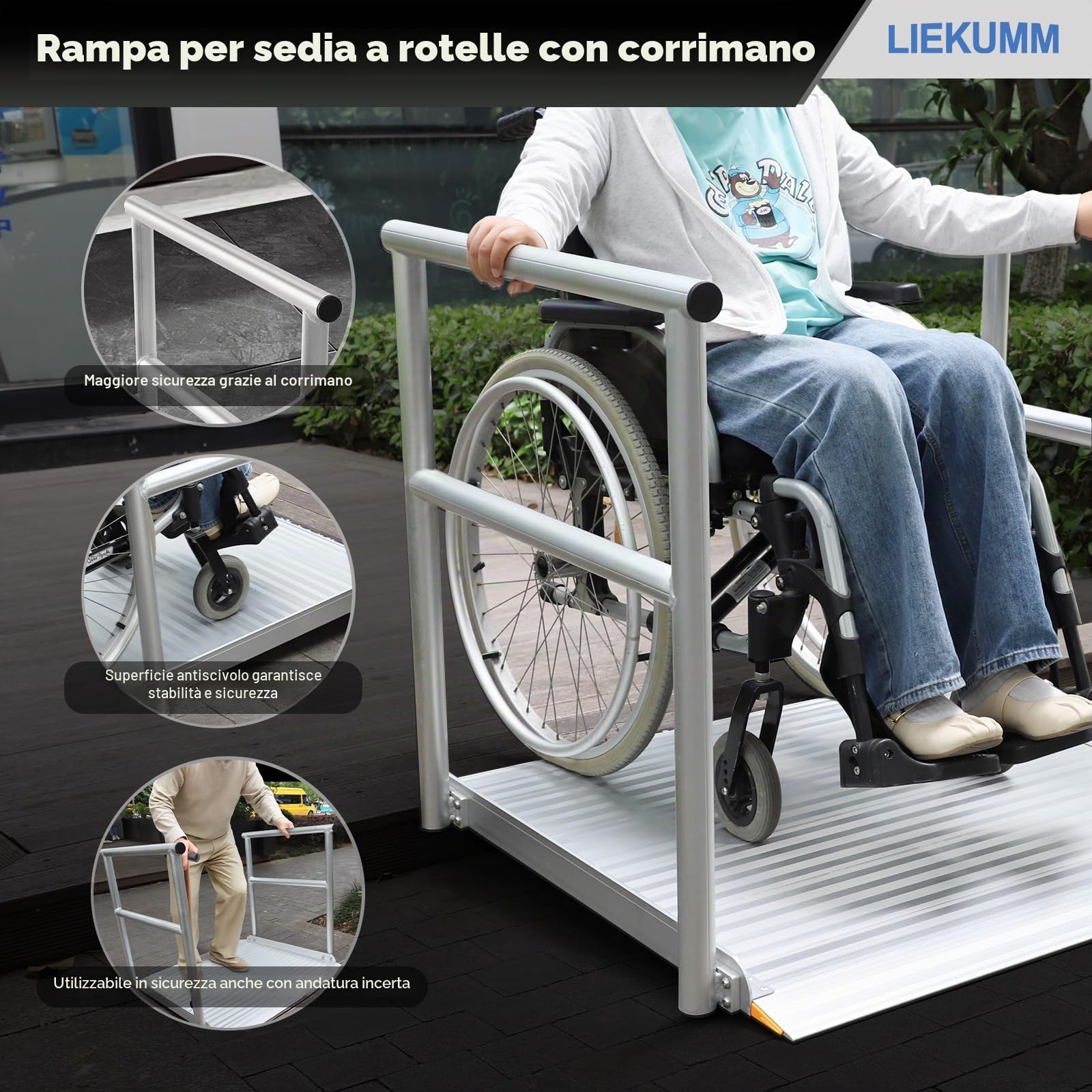 LIEKUMM Rampa per sedia a rotelle in alluminio, 91 x 91 cm, con corrimano (80 cm di altezza), capacità 300 kg, per casa, gradini, scale, marciapiedi, apertura della porta per sedie a rotelle, scooter