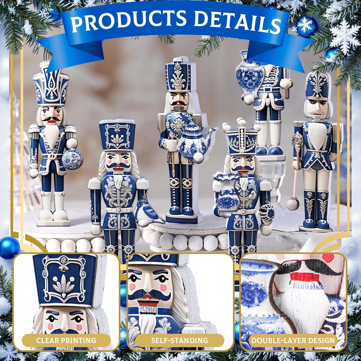 Yerliker 6 Pcs Christmas Nutcracker Table Decorations Wooden Blue White Porcelain Nutcracker Table Centerpiece Double Sided Chinoiserie Soldier Wood Signs for Christmas Tabletop Home Tiered Tray Decor