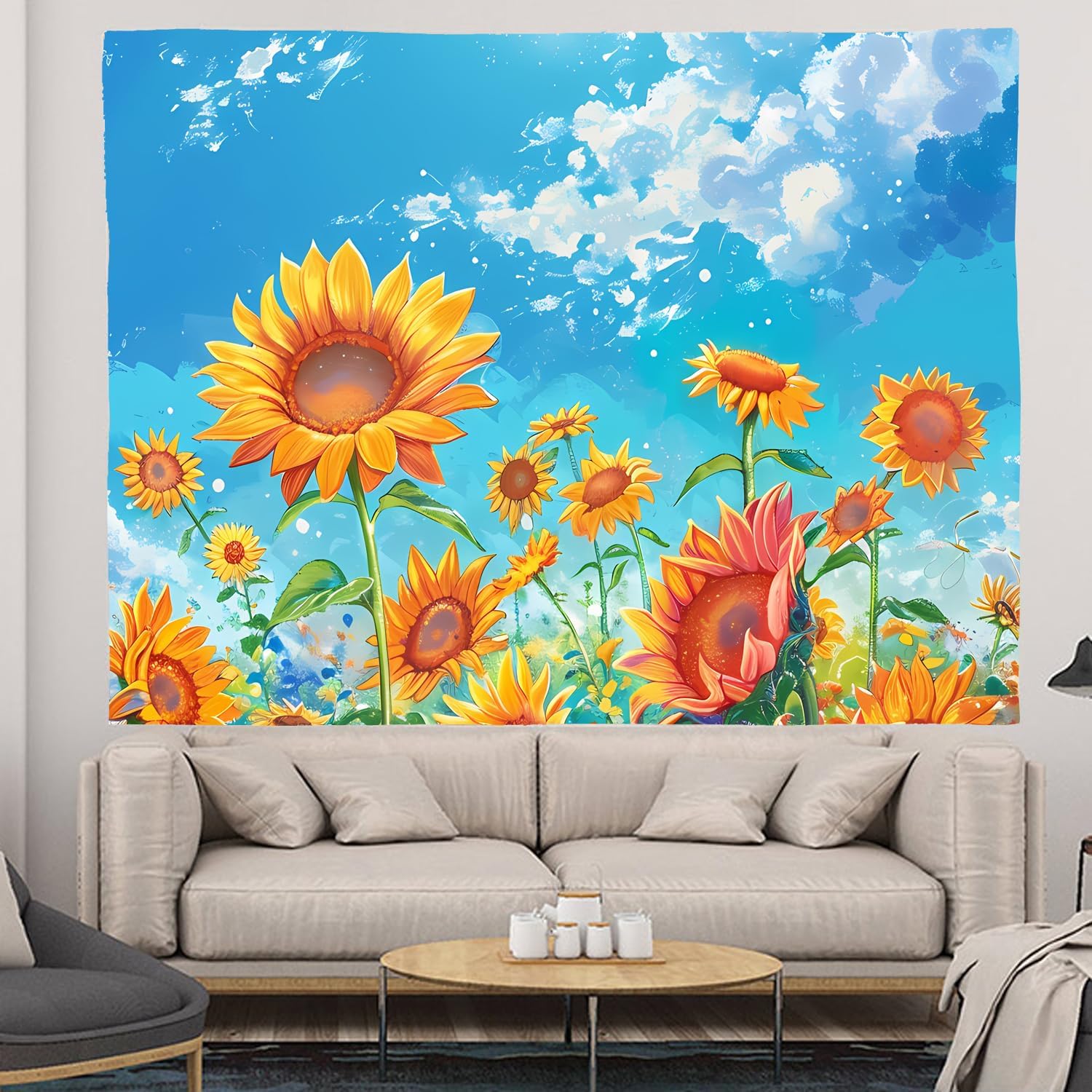 WODEJIAFANG WODEJIAAesthetic Wall Fabric Wallpaper Decor Tapestry，Sunflower Theme Office Background Room Divider for Bedroom, Outdoor Garden Aesthetic 3D Tapestries Size 78 * 59 inches