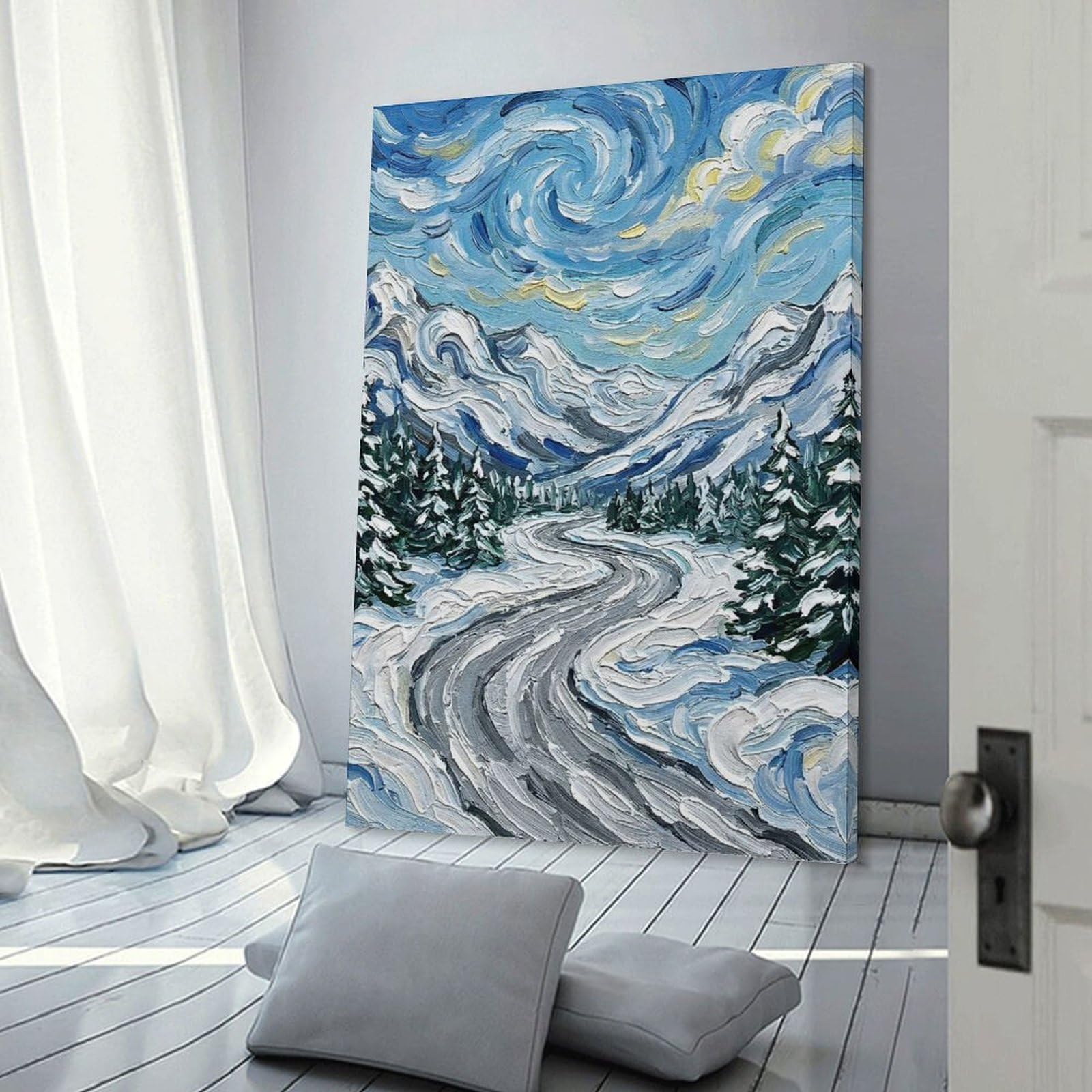 Junmoney Winter Mountain Road Impressionist Painting Room Decor Wall Art, 20x30inch(50x75cm), for Hallway, Lounge Or Guest Room, Gift Idea for Housewarming And Birthdays