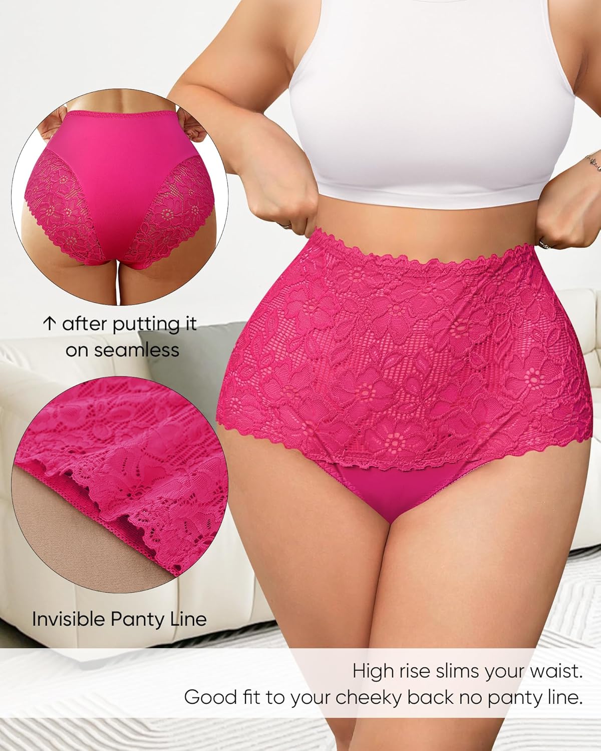 Women's High Waisted Underwear Ladies Lace Sexy Panties Breathable Soft Stretch 4 Pack Full Coverage - Image 5