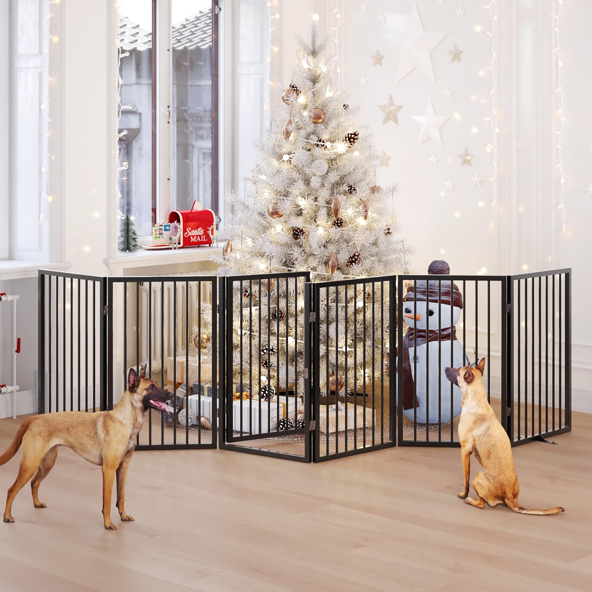 Vantas Folding No-Assembly Metal Pet Gate 120" Wide, 32" Extra Tall Dog Gate with Door Walk Through, Freestanding Accordion Puppy Gate Dog Door for Indoor & Outdoor, with 2PCS Support - Black