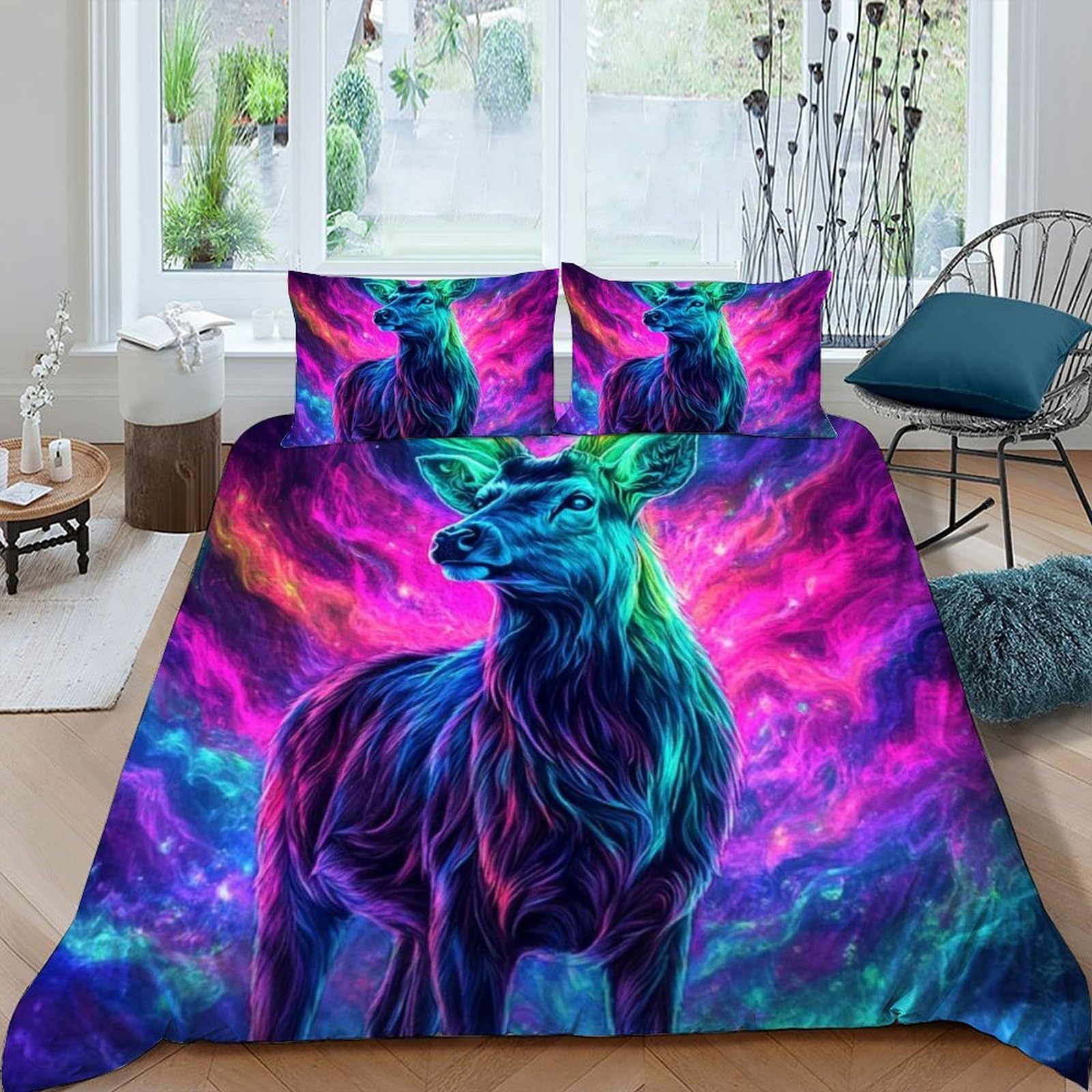 LOVEROGD Painted Elk 3 Pieces Duvet Cover,3D Printed Forest Animals Animal Themes Bedding Set,2 Pillowcases,Hidden Zipper,Microfiber Quilt Cover,King（220x240cm）
