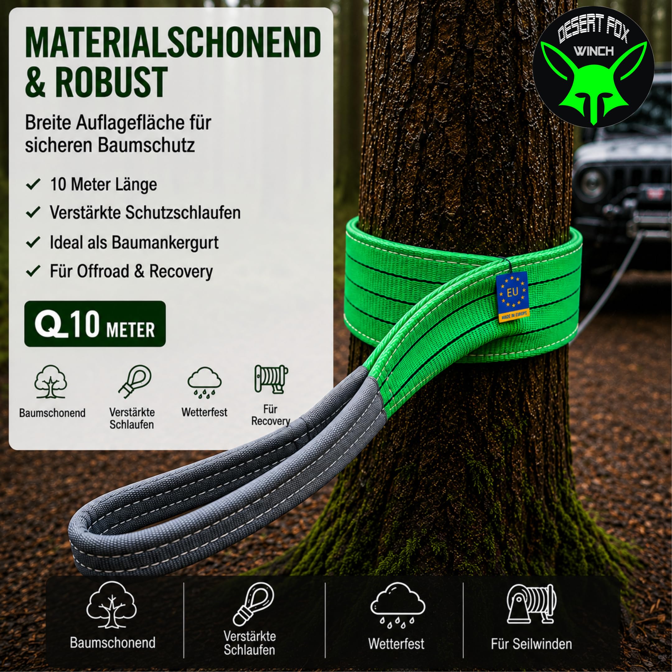 Bergegurt – Robuster 10m Baumgurt & Abschlepp-Seil, 14t Bruchlast – Ideal für Offroad, Recovery, Jagd, Forst und Baugewerbe nach EN 1492-1