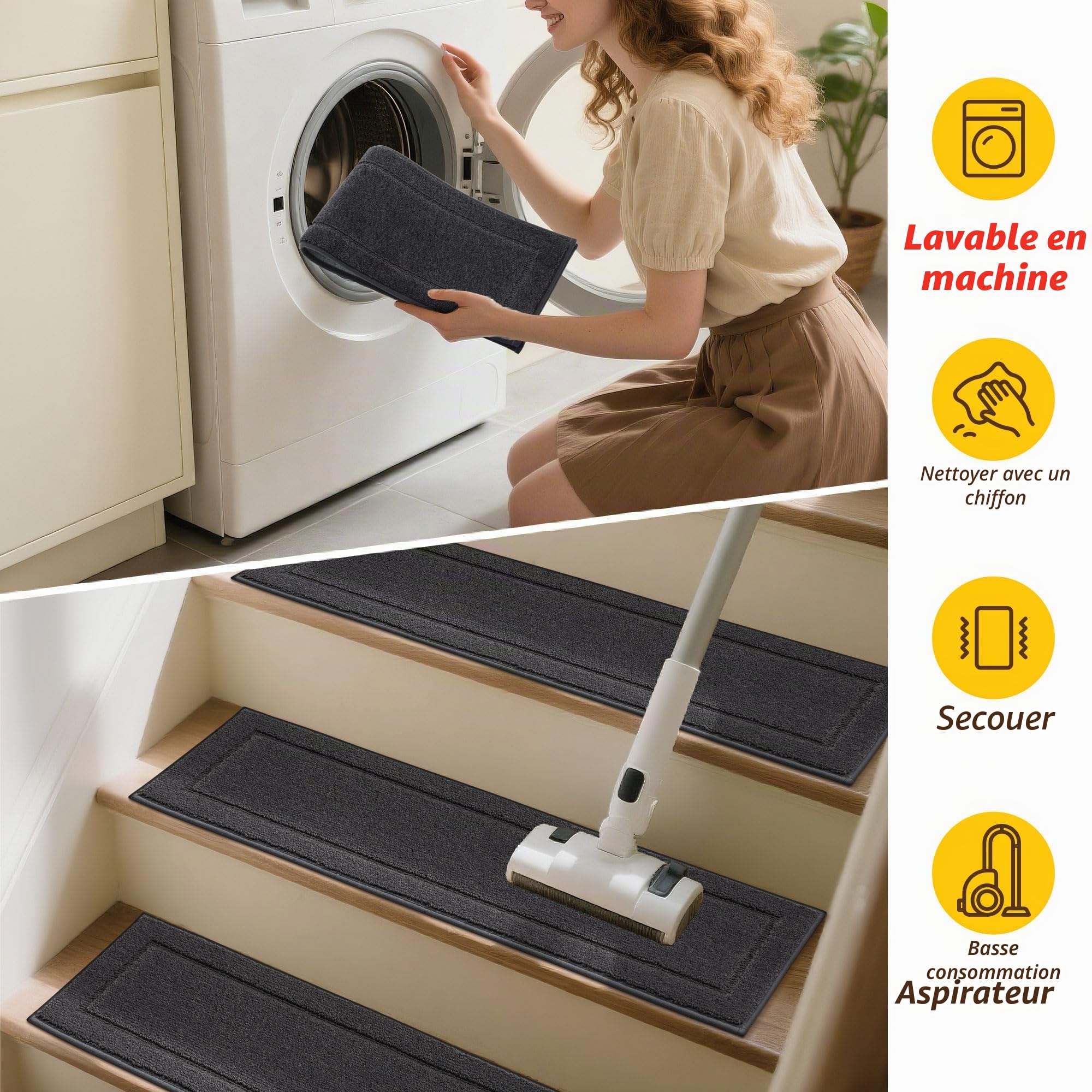 JSEI Tapis Escalier Antidérapant, Lot de 15 Marchettes Escalier Autocollantes Lavables, Tapis de Marche 20,3 x 76,2 cm, Dos TPE, Gris Foncé