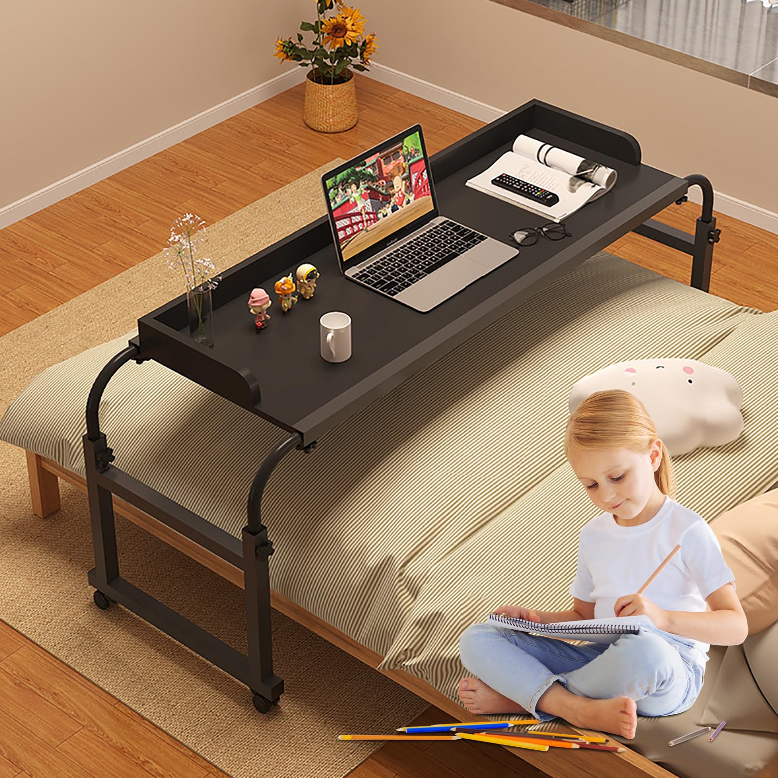 Bureau à roulettes Au-Dessus du Lit, Hauteur 65-95cm, Bureau pour Ordinateur Portable en Largeur 114-210CM avec 4 Roulette Verrouillable,pour travailler à la maison ou à l'hôpital
